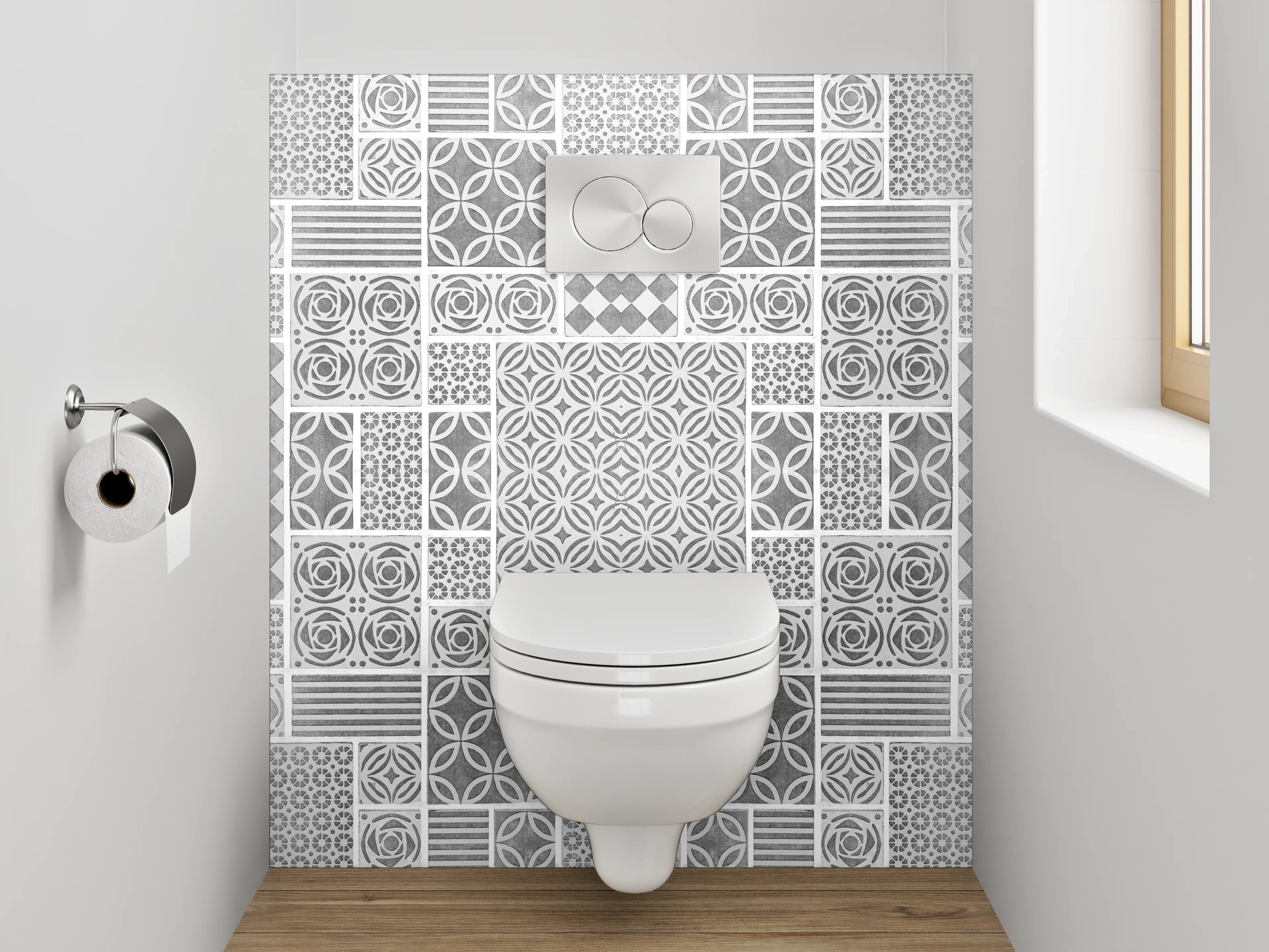 WC-Rückwand - Weiß-graues Kachelmuster Mosaikoptik