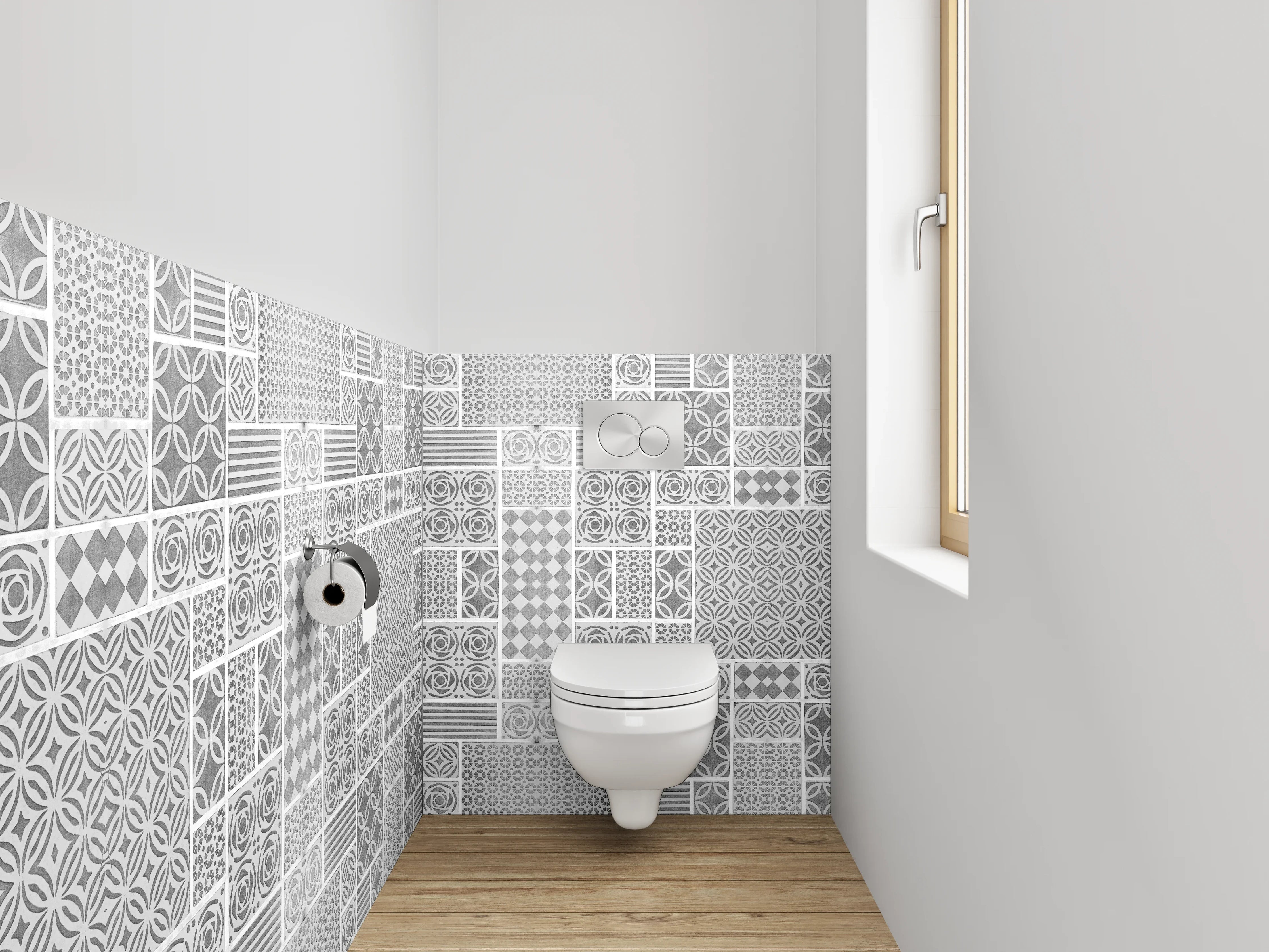 WC-Rückwand - Weiß-graues Kachelmuster Mosaikoptik