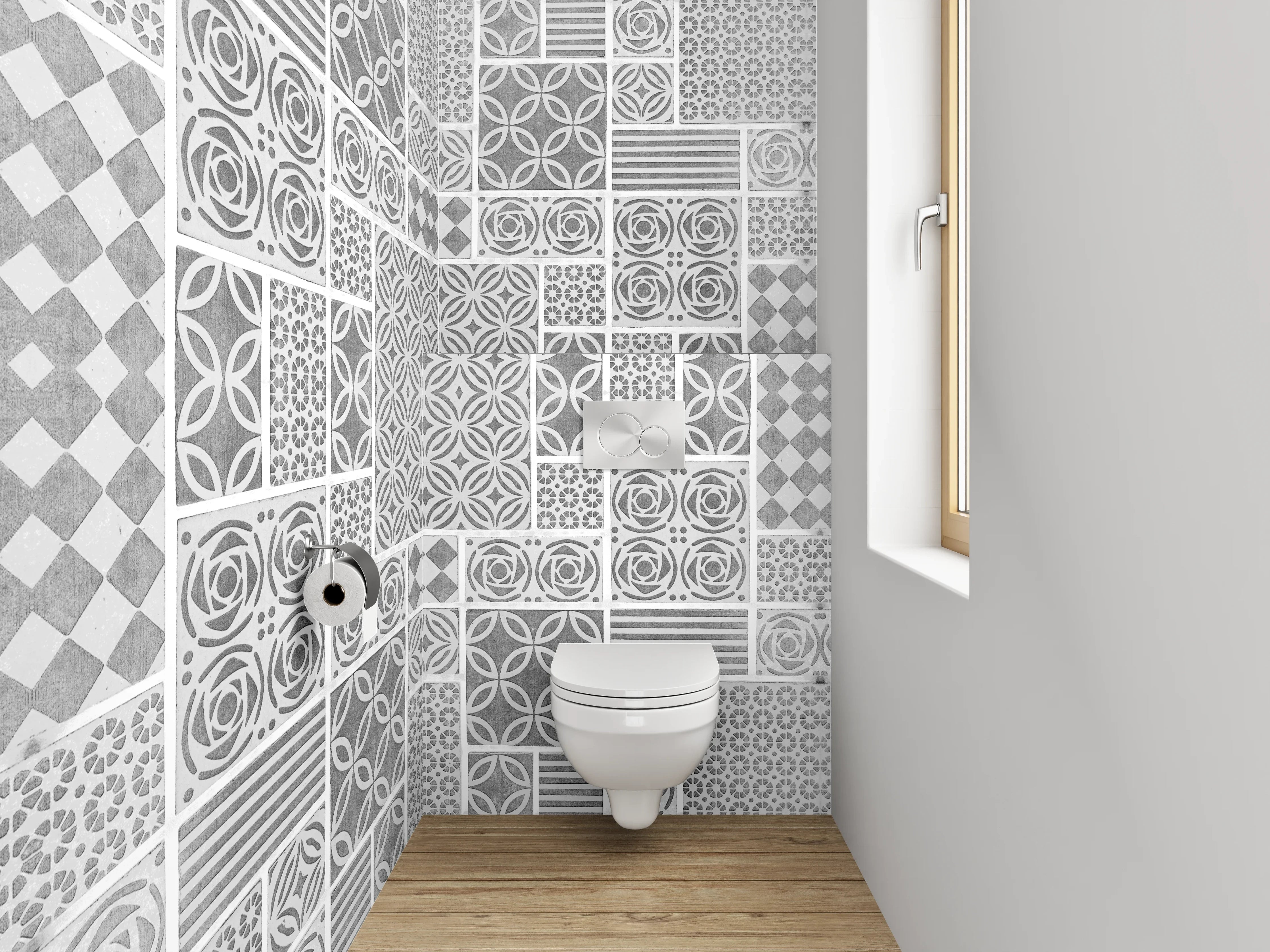 WC-Rückwand - Weiß-graues Kachelmuster Mosaikoptik