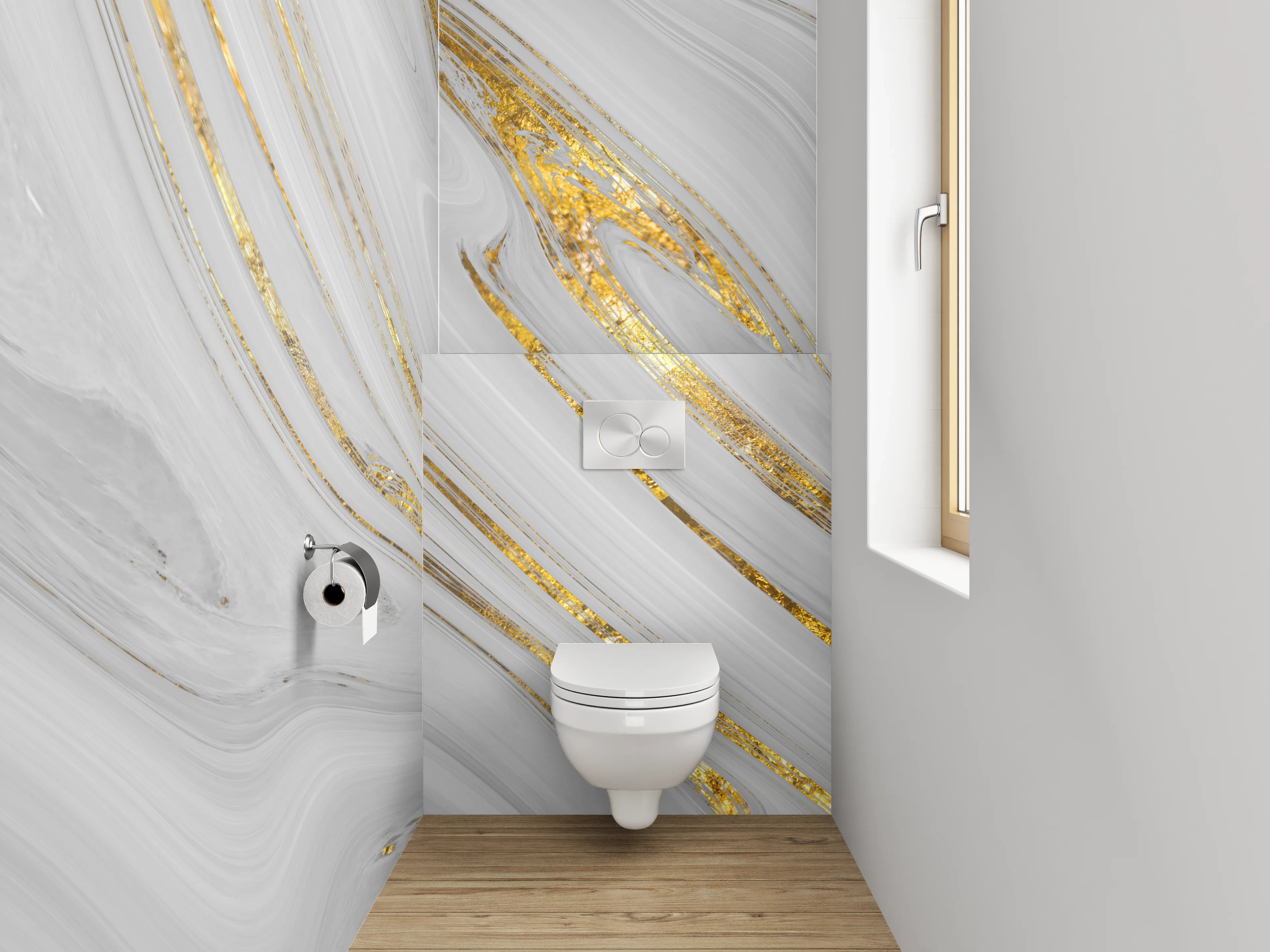 WC-Rückwand - Weiß-graues Marmor-Gold Muster