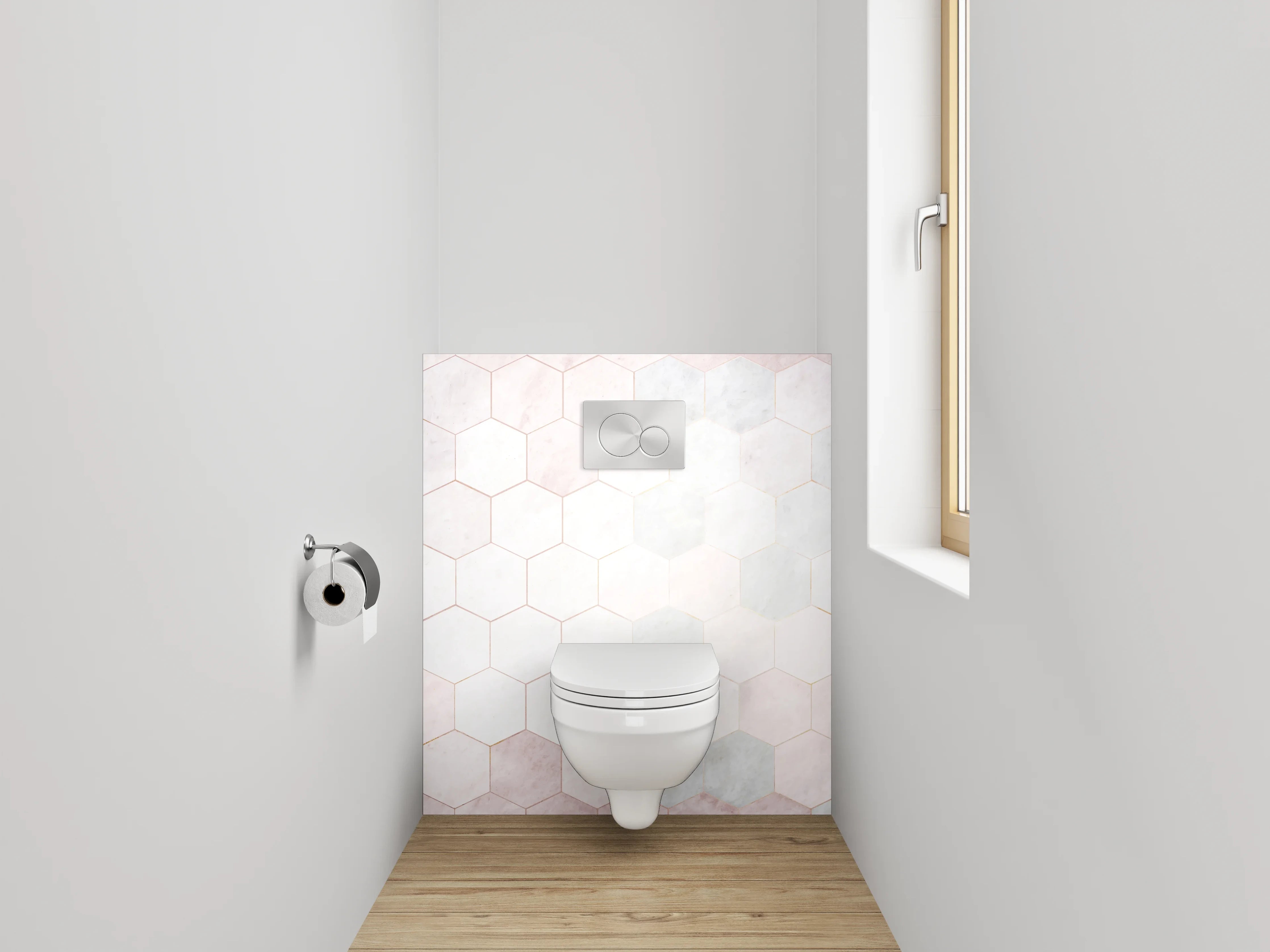 WC-Rückwand - Weiß-graues Marmor Hexagon Fliesenmuster