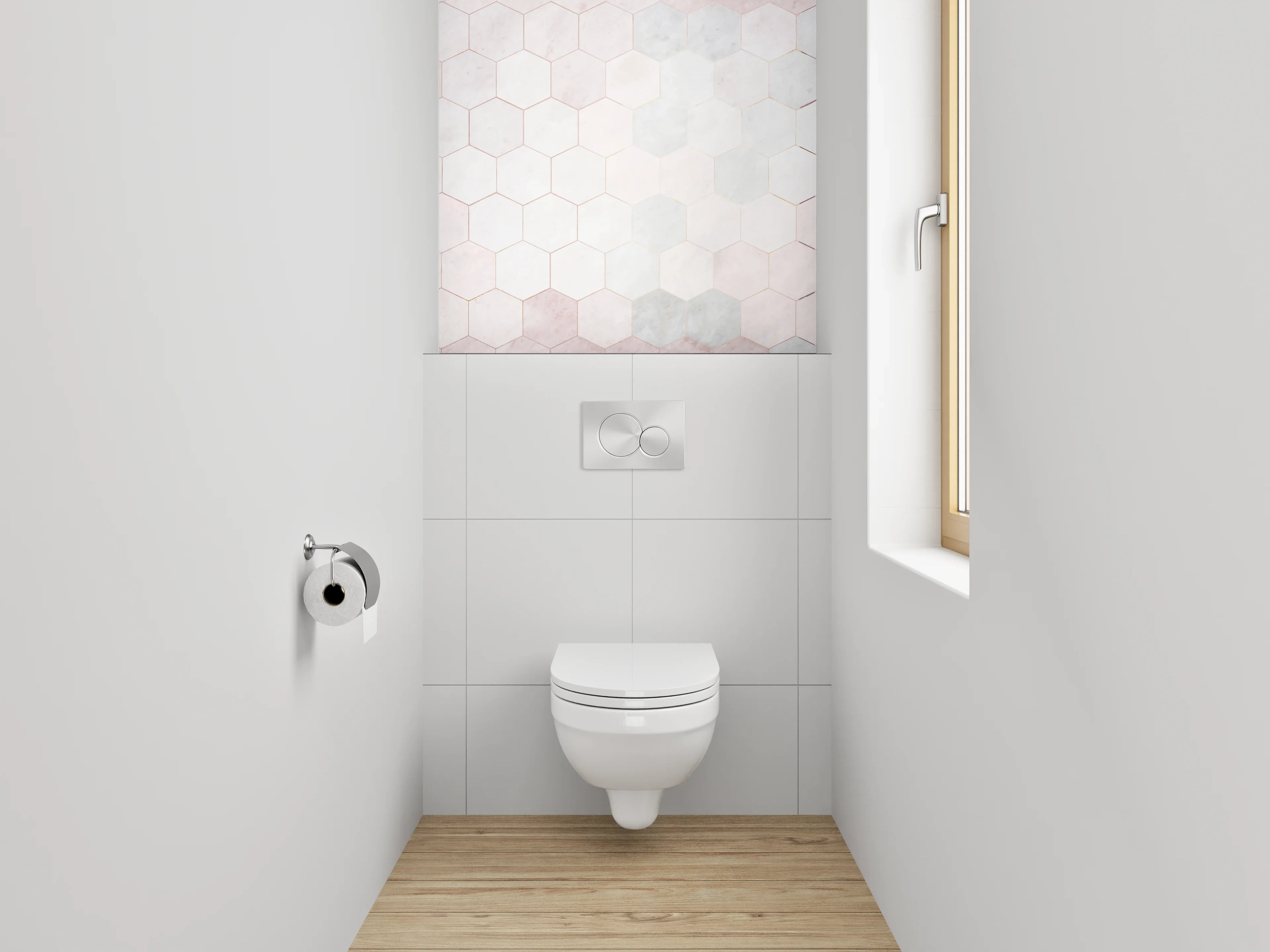 WC-Rückwand - Weiß-graues Marmor Hexagon Fliesenmuster