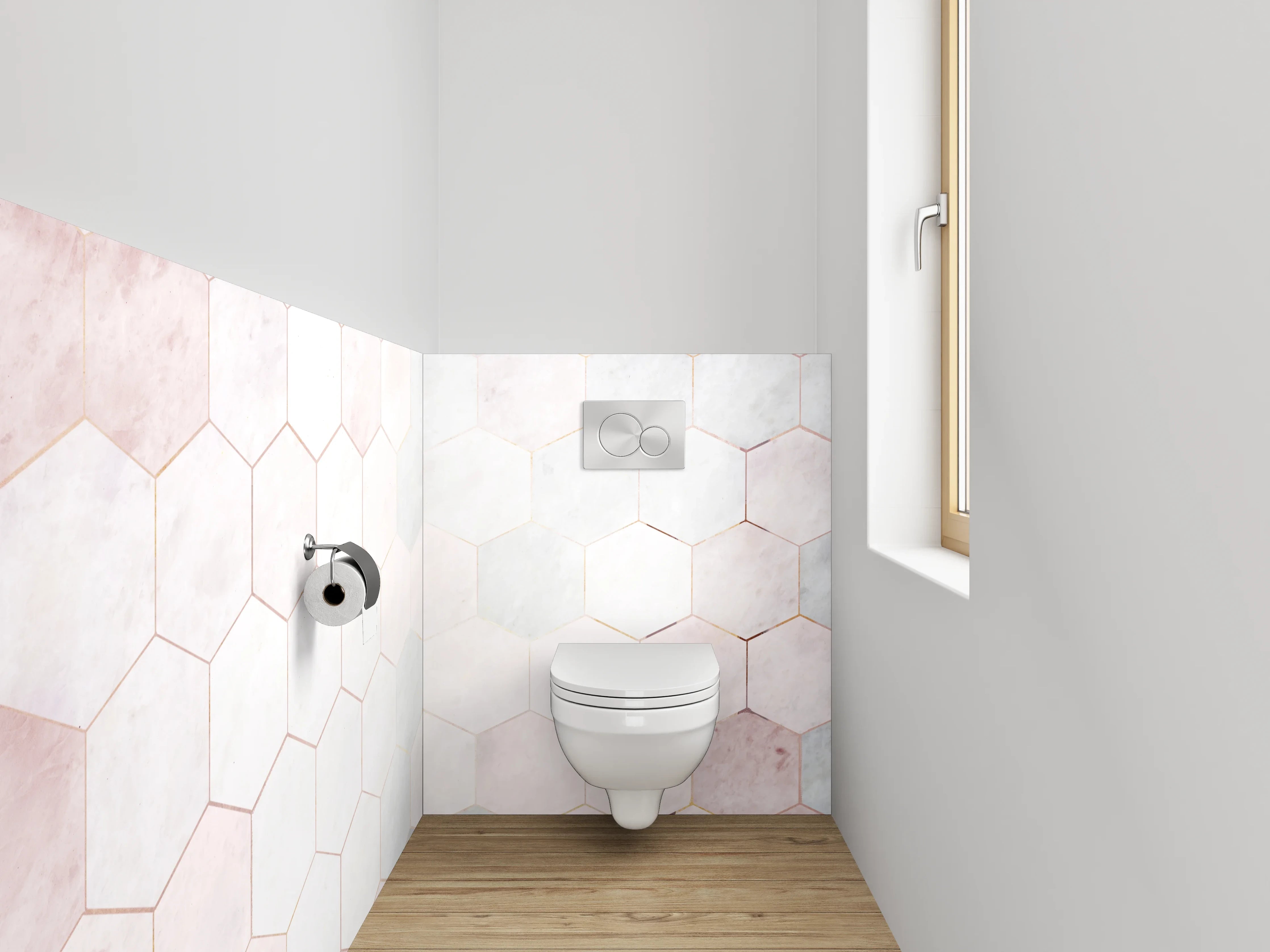 WC-Rückwand - Weiß-graues Marmor Hexagon Fliesenmuster