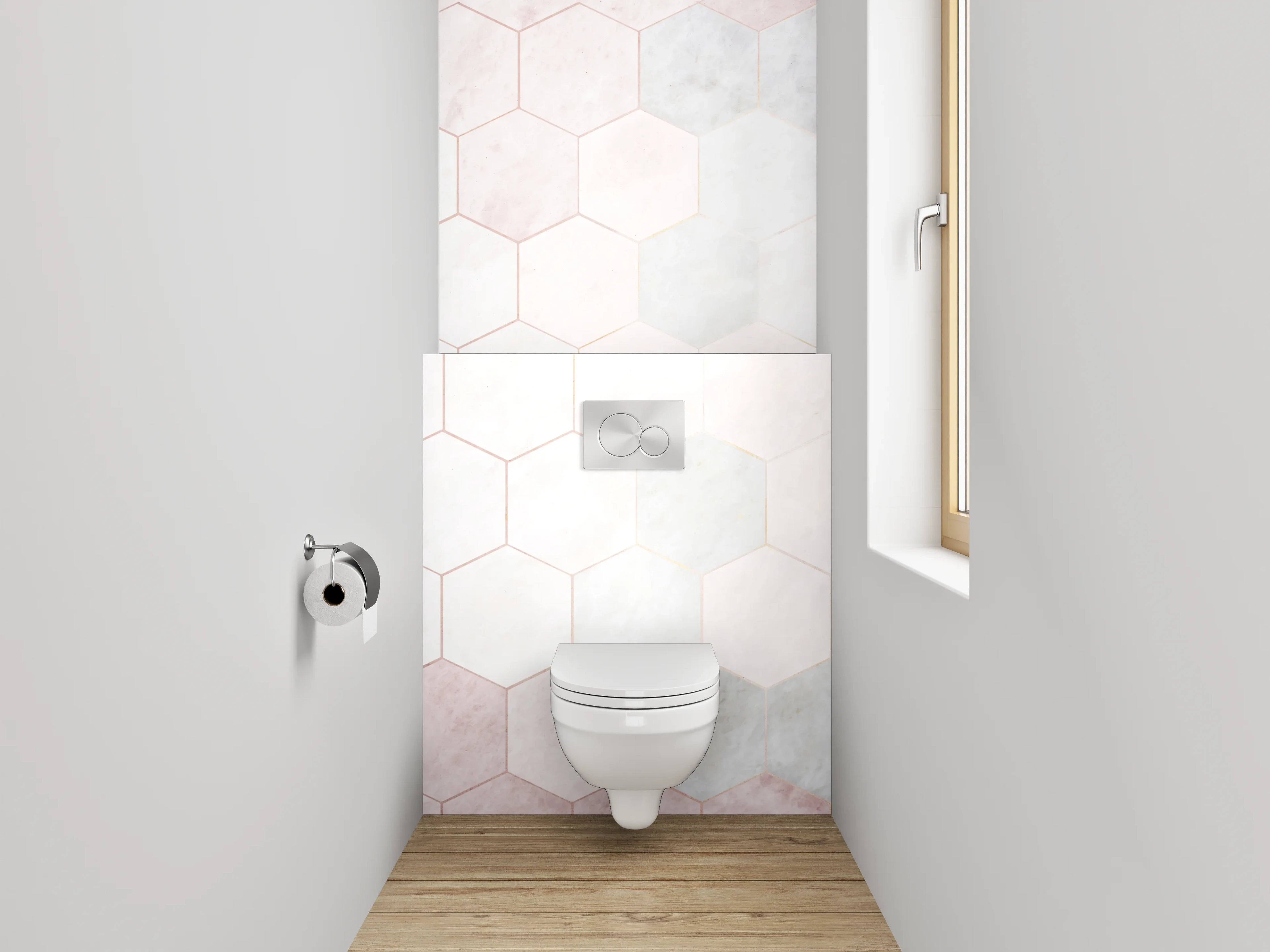 WC-Rückwand - Weiß-graues Marmor Hexagon Fliesenmuster