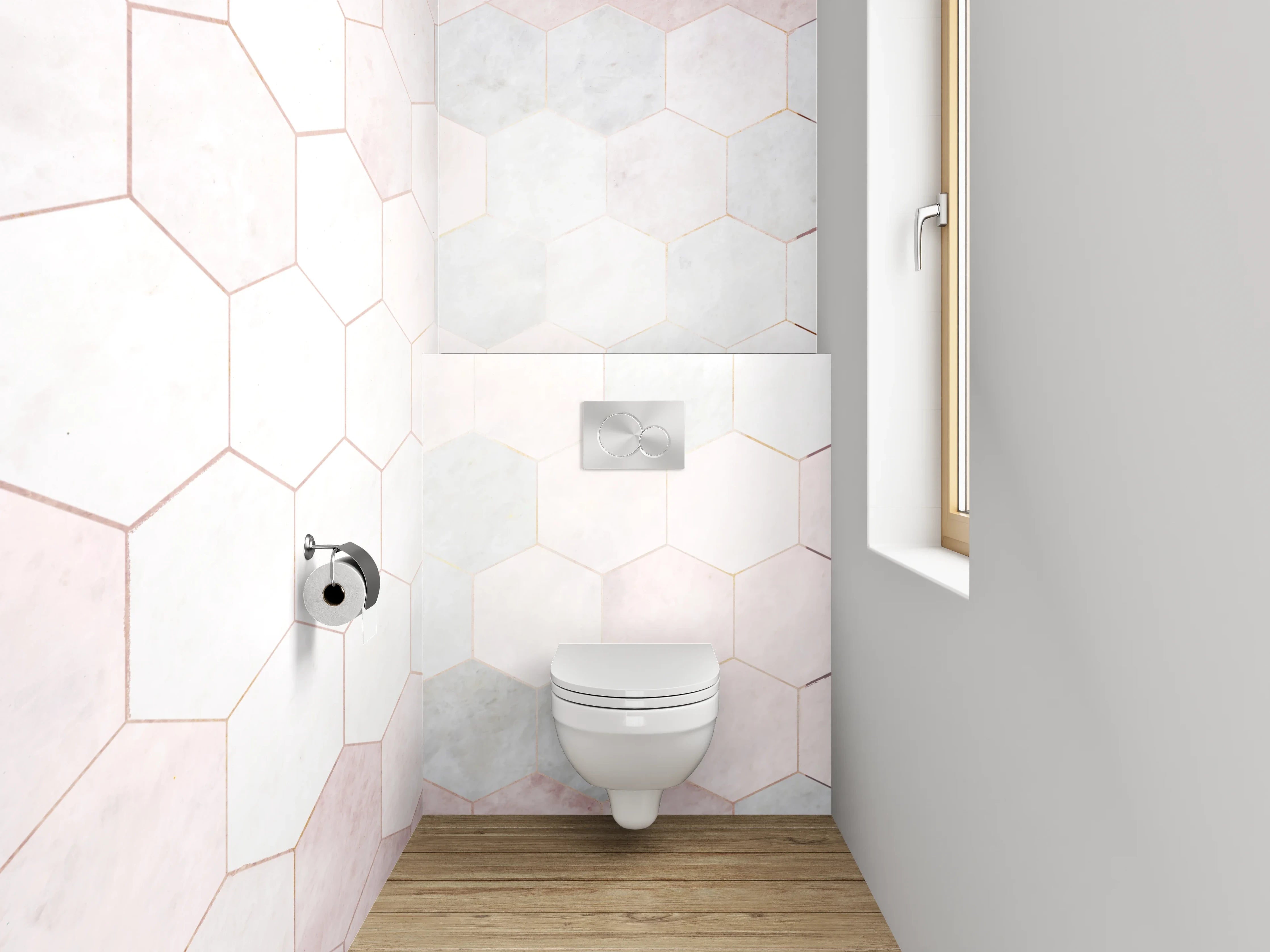 WC-Rückwand - Weiß-graues Marmor Hexagon Fliesenmuster