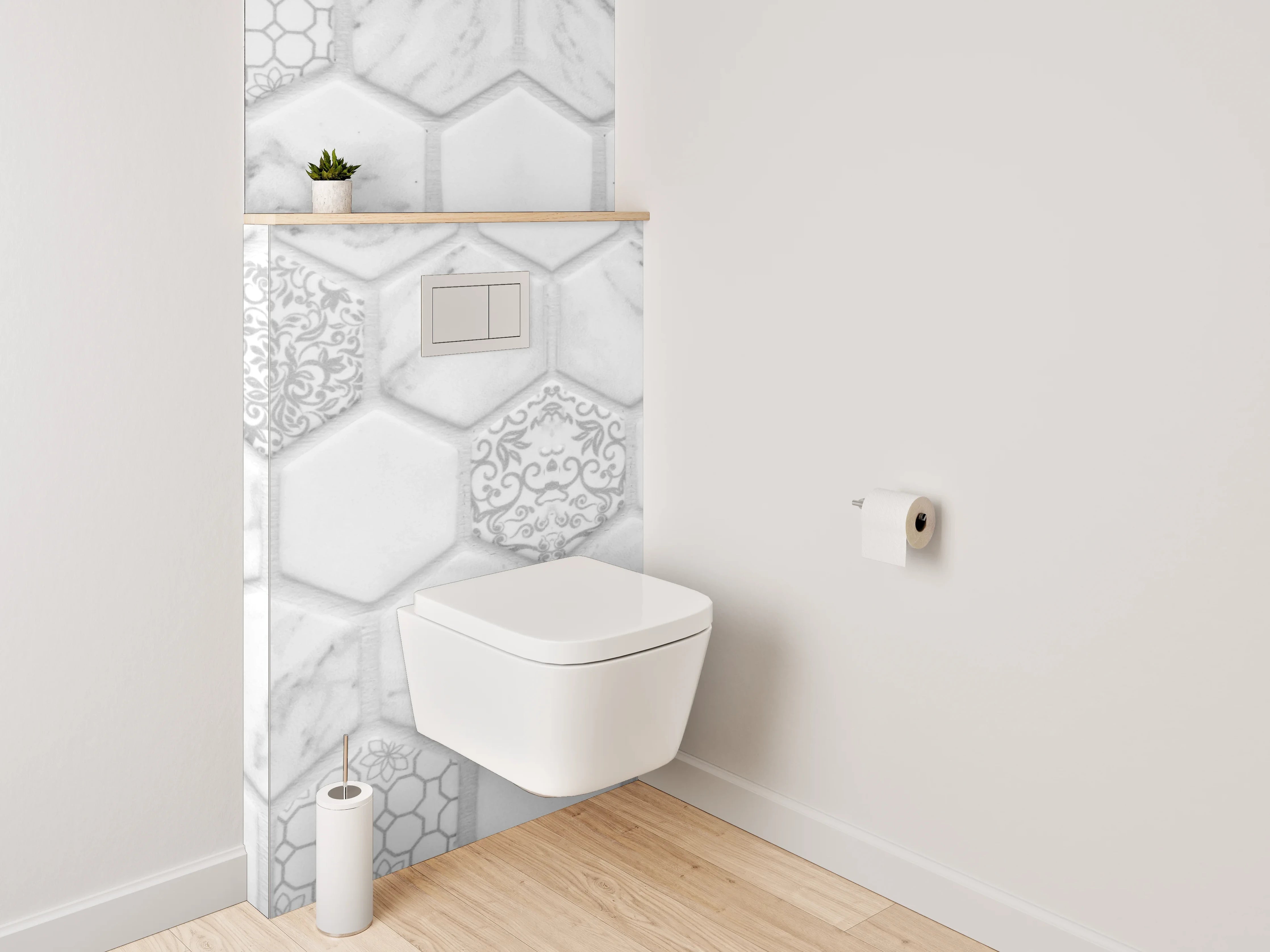 WC-Rückwand - Weiß-graues Marmor Mosaik Hexagon