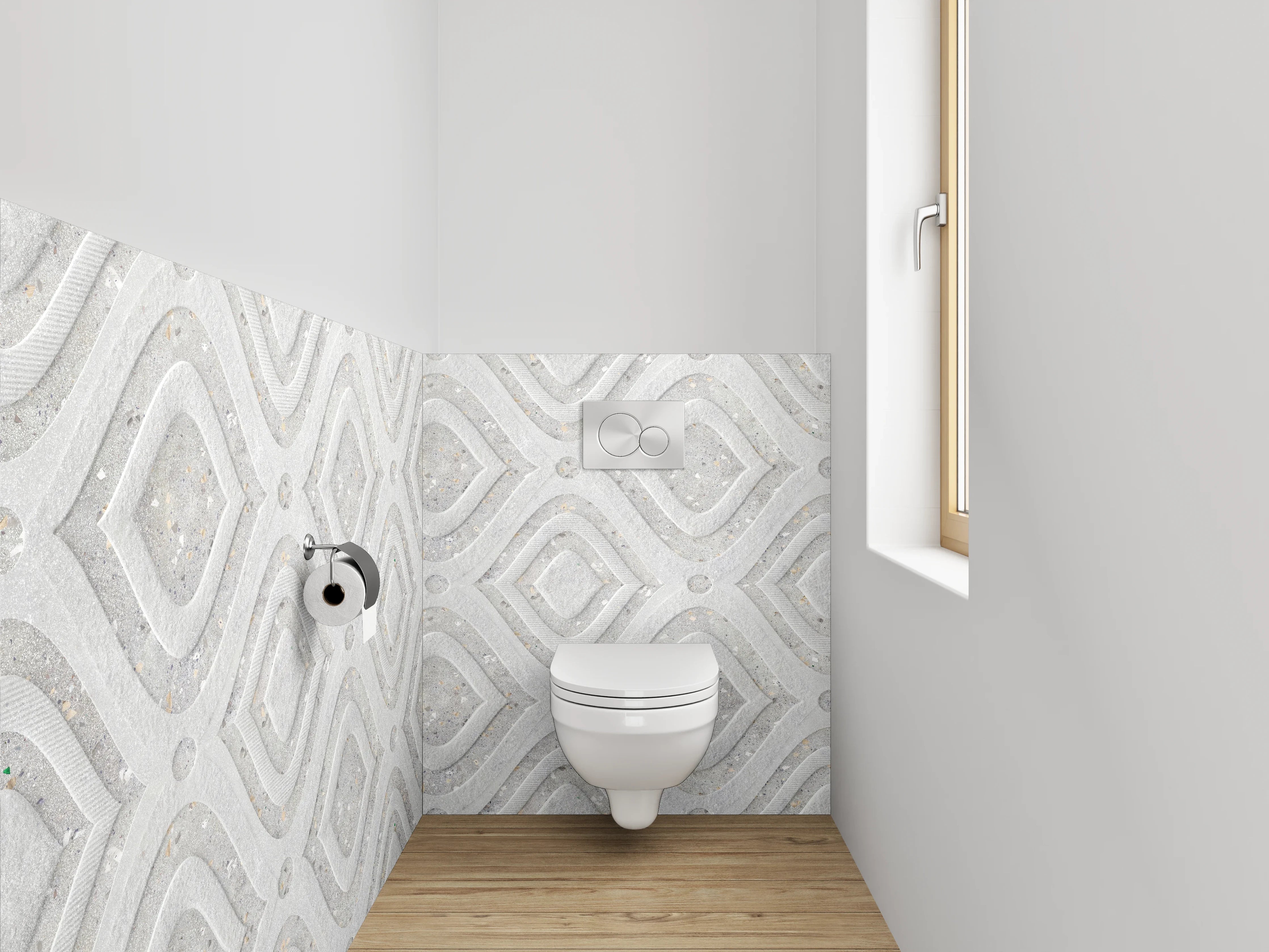 WC-Rückwand - Weiß-graues Mosaikmuster in Marmoroptik