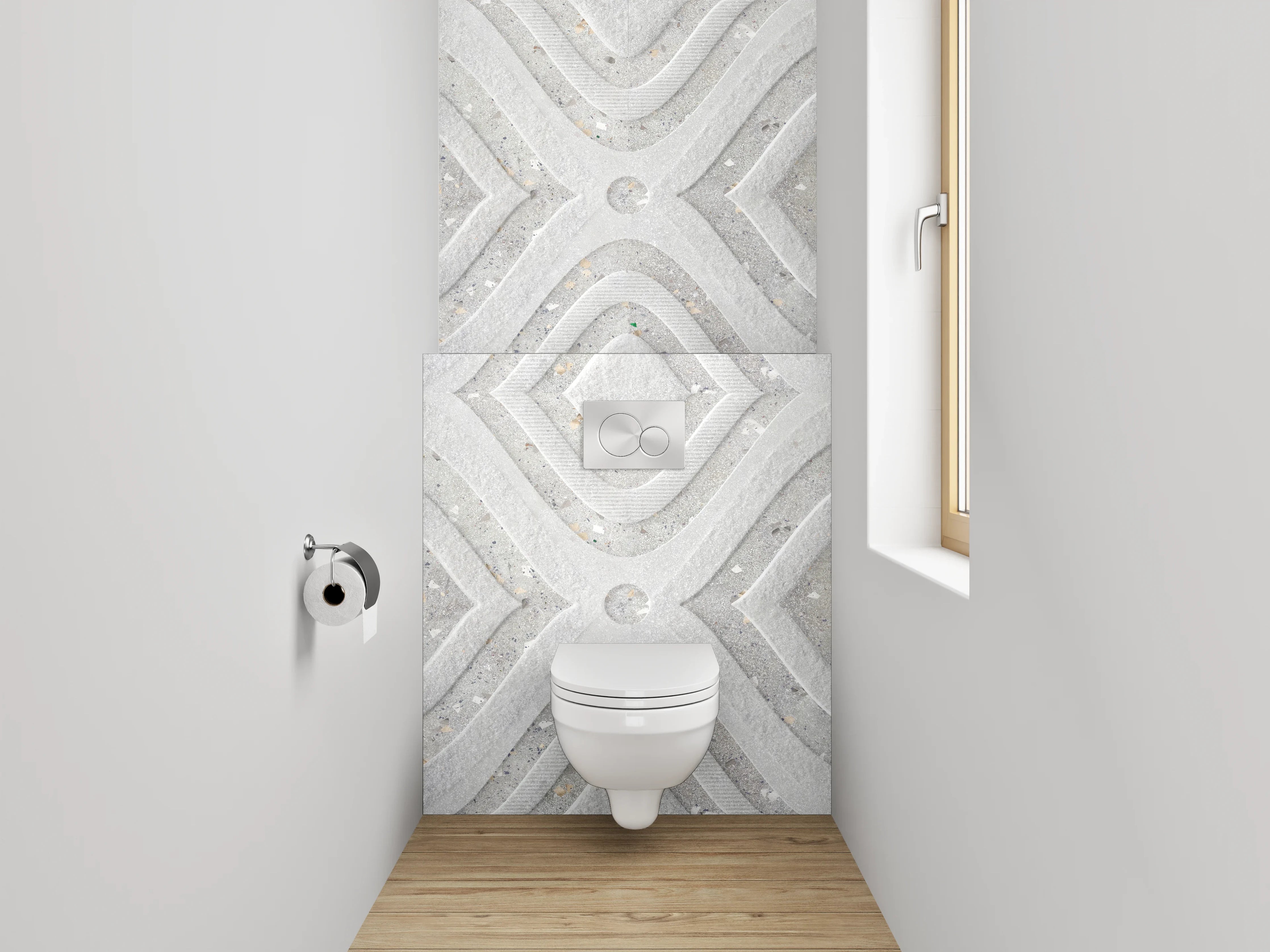 WC-Rückwand - Weiß-graues Mosaikmuster in Marmoroptik