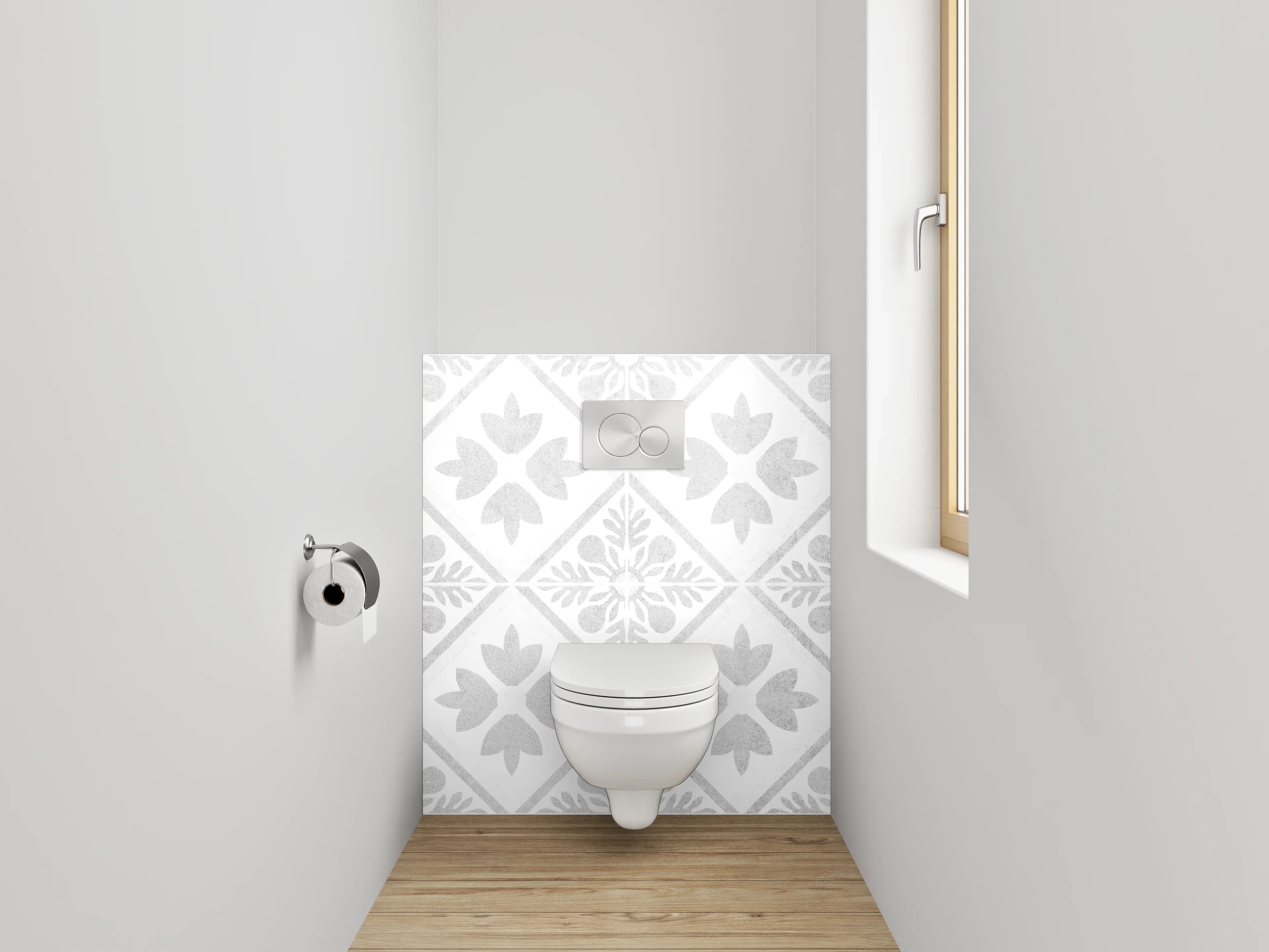 WC-Rückwand - Weiß-graues Ornament Muster Fliesenoptik