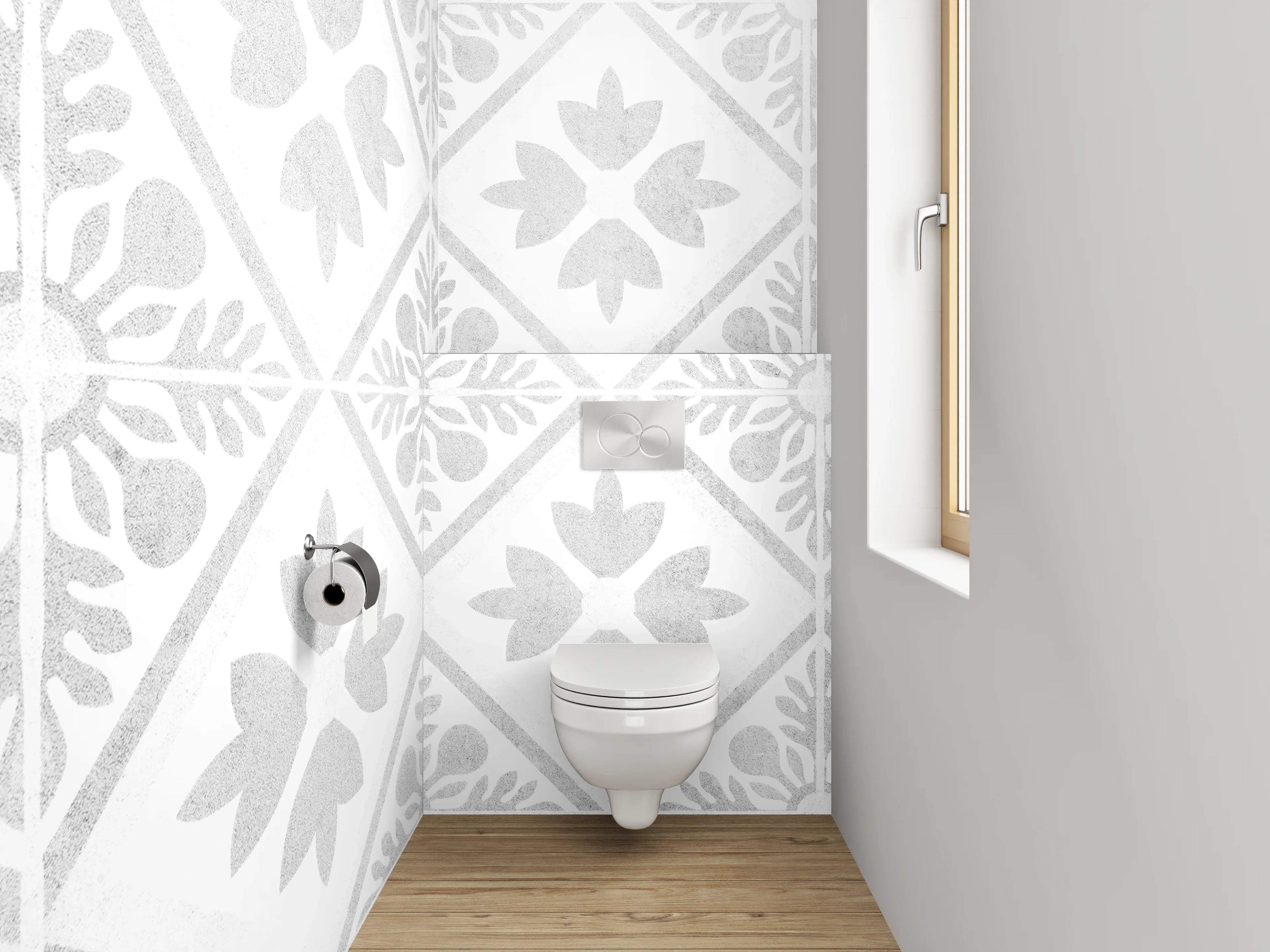 WC-Rückwand - Weiß-graues Ornament Muster Fliesenoptik