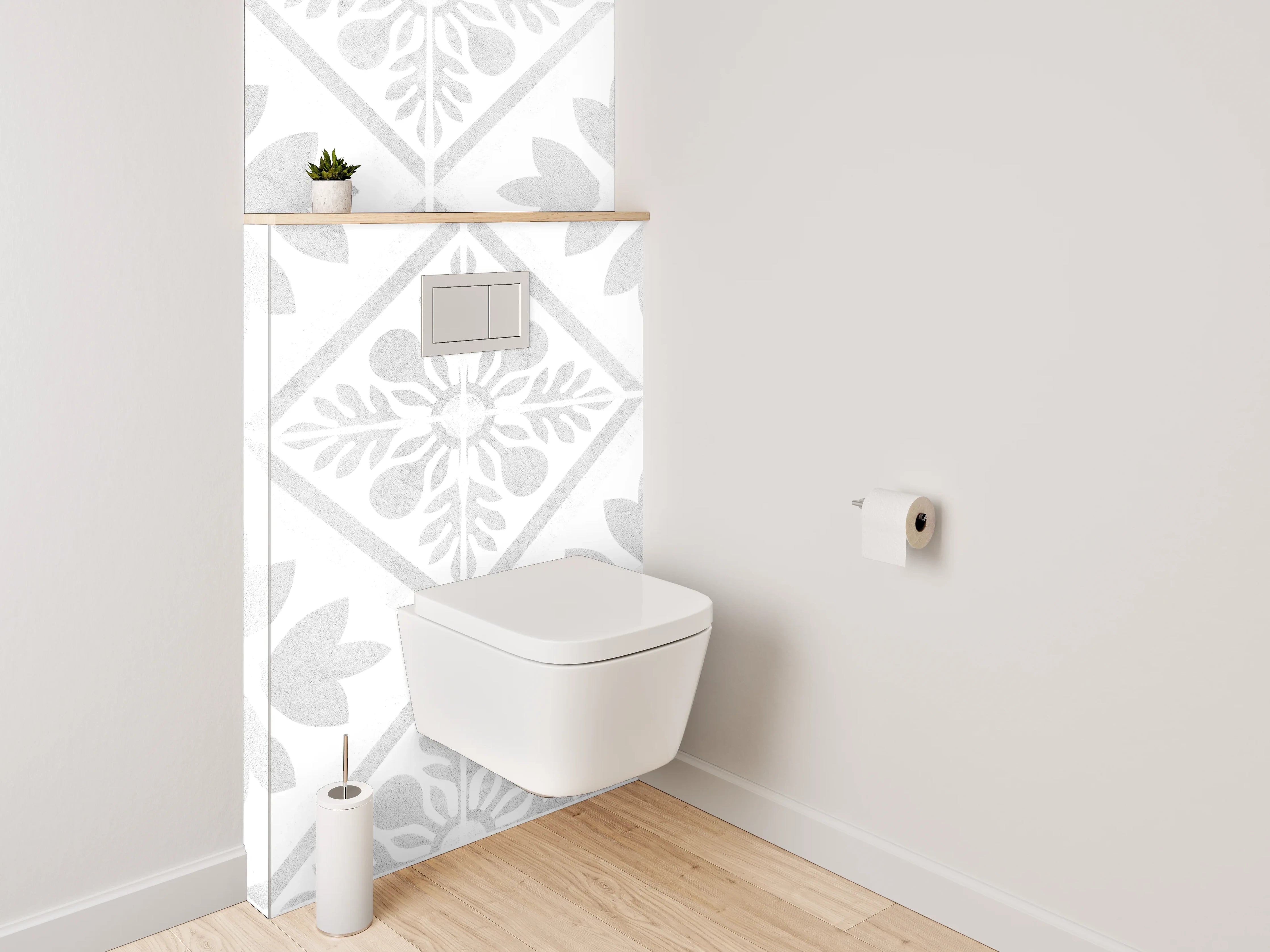 WC-Rückwand - Weiß-graues Ornament Muster Fliesenoptik