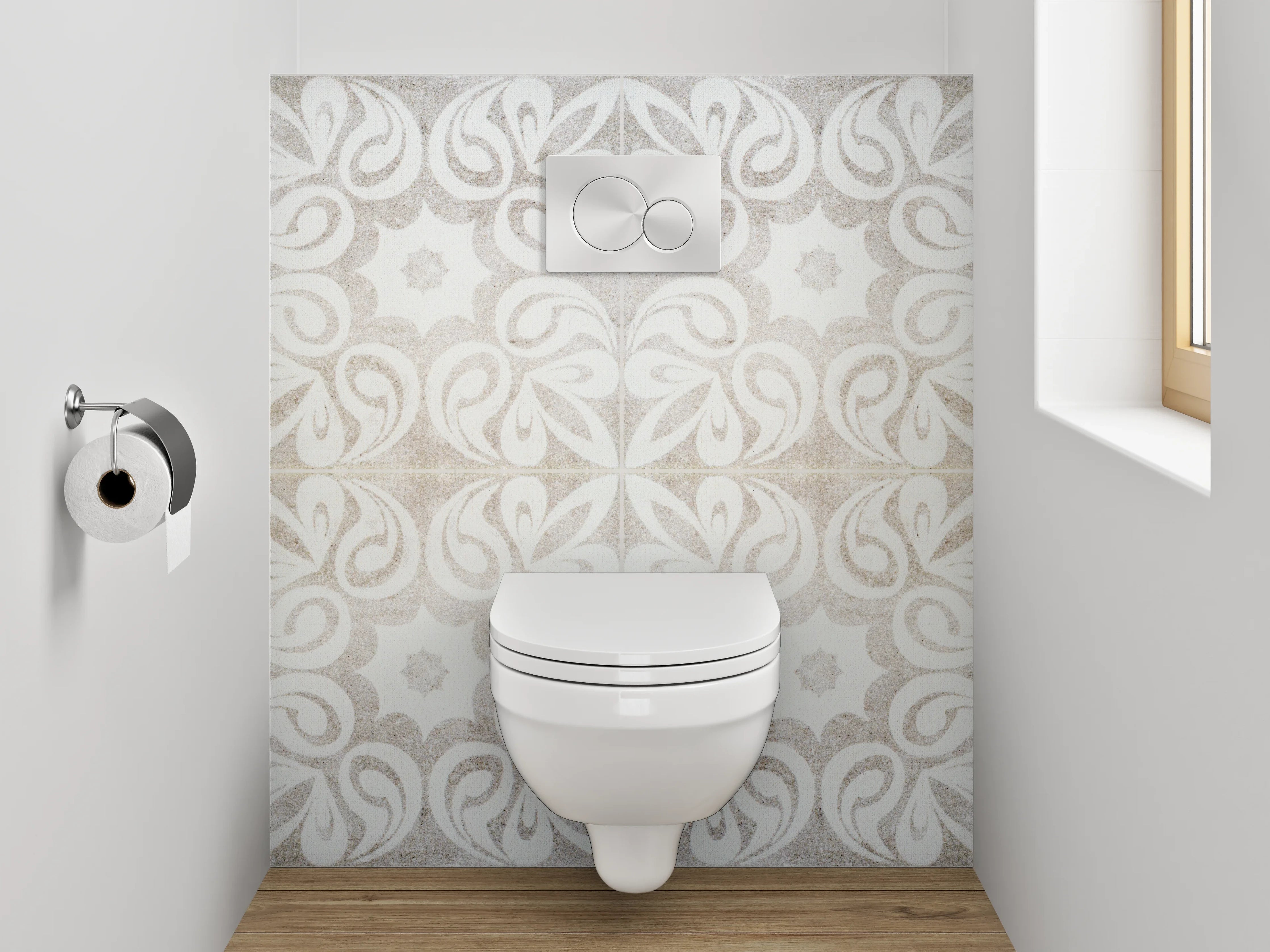 WC-Rückwand - Weiß-graues Ornament-Muster Marmoroptik