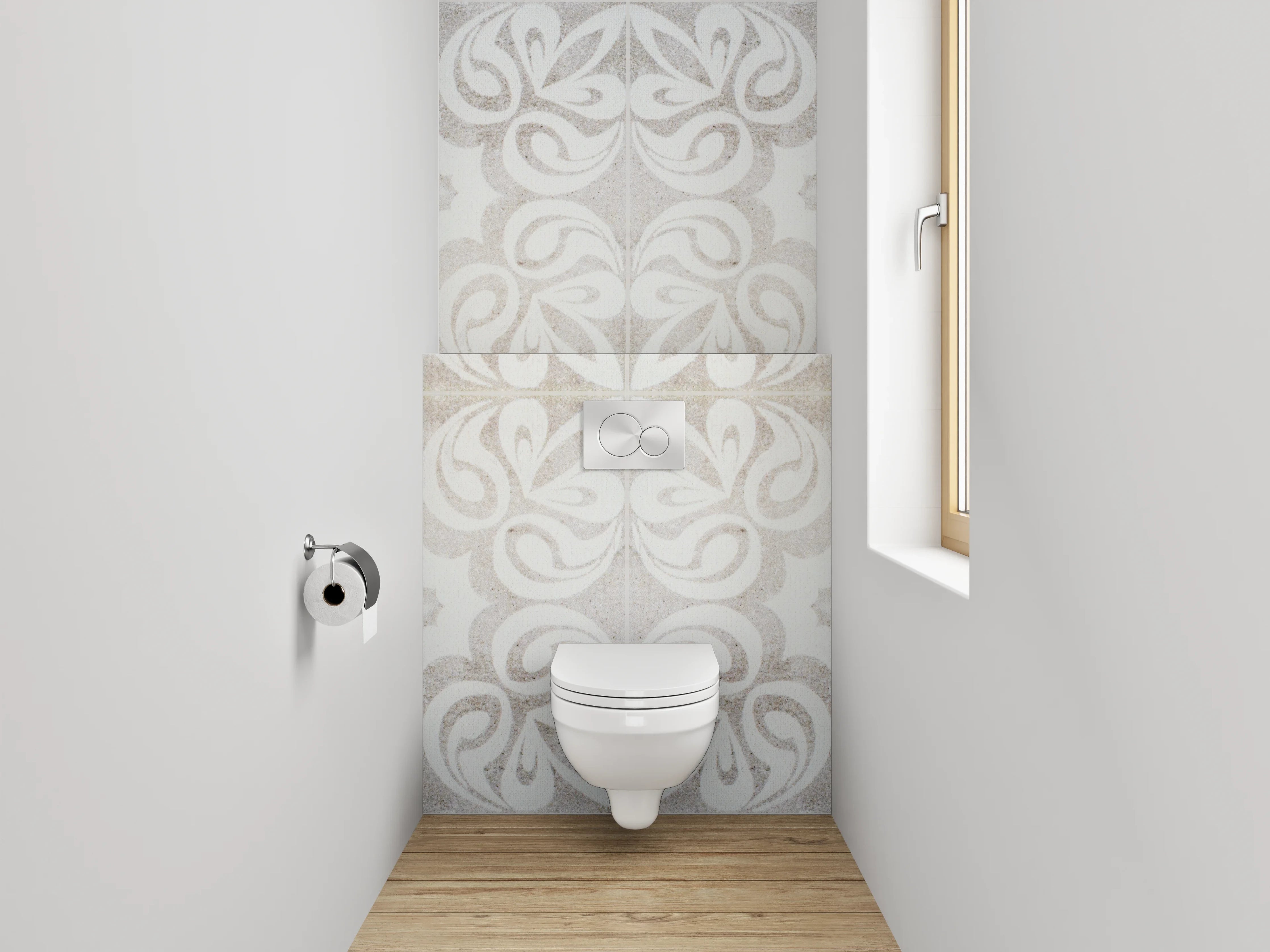 WC-Rückwand - Weiß-graues Ornament-Muster Marmoroptik