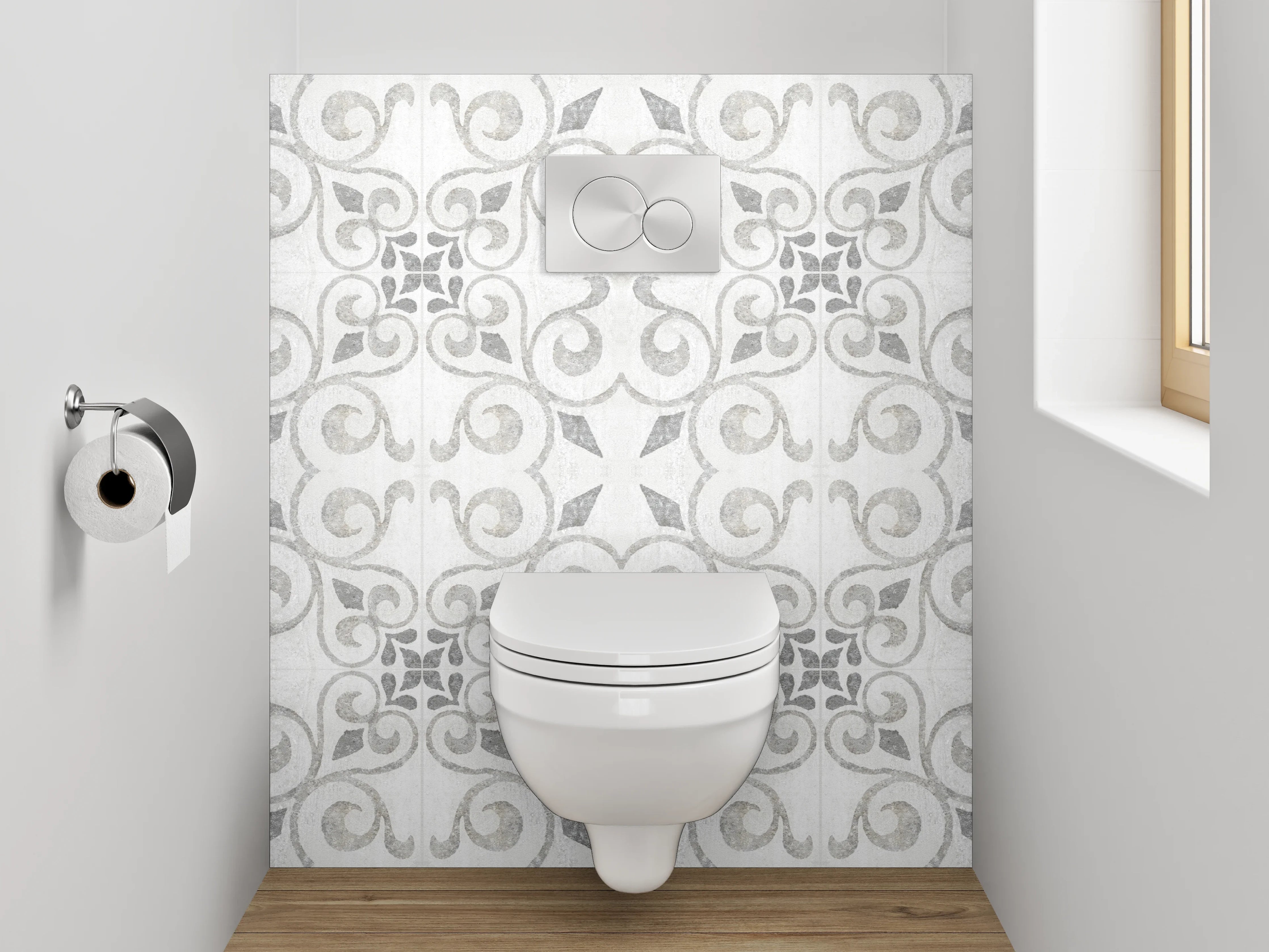 WC-Rückwand - Weiß-graues Ornament Muster