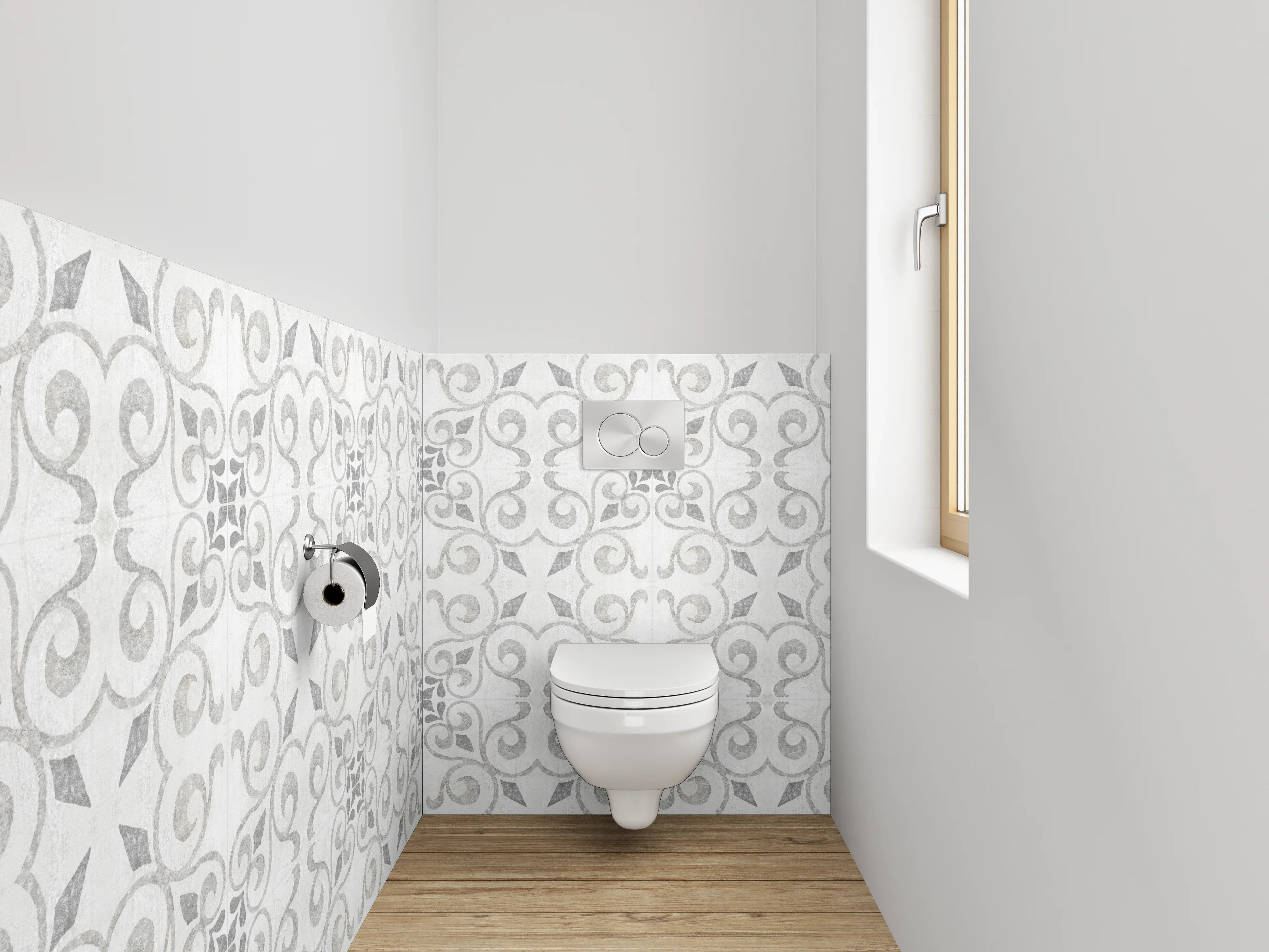 WC-Rückwand - Weiß-graues Ornament Muster
