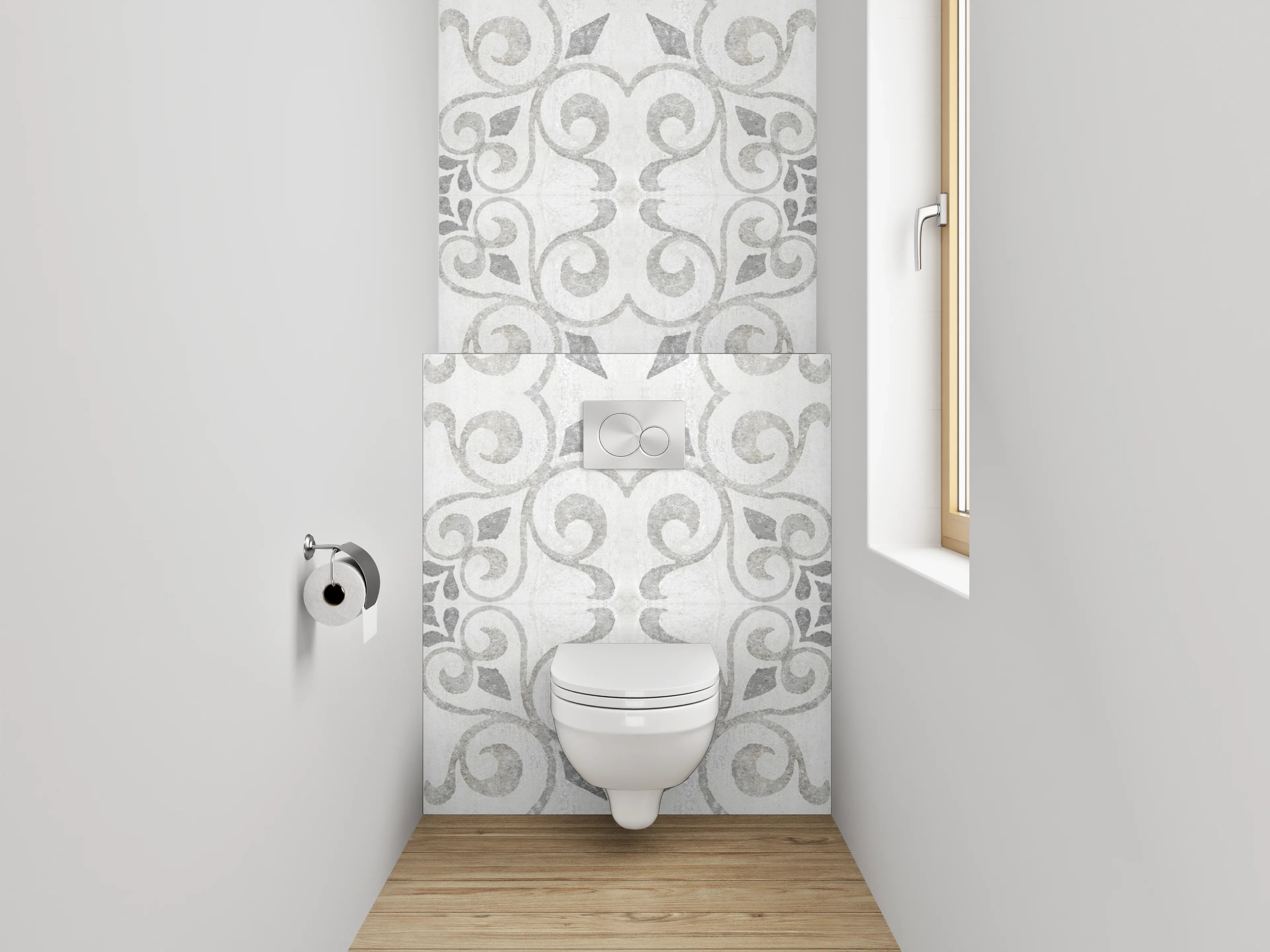 WC-Rückwand - Weiß-graues Ornament Muster
