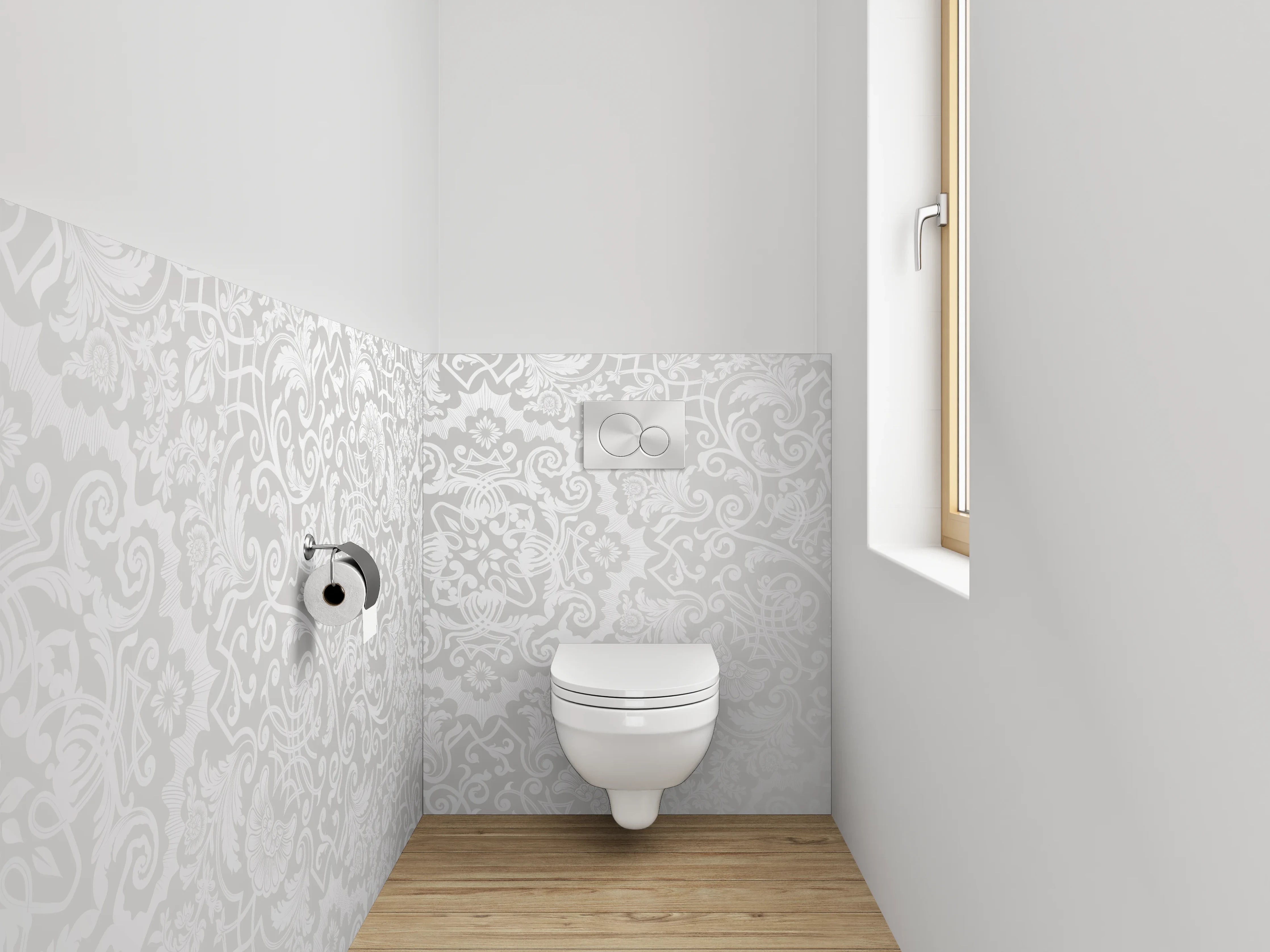 WC-Rückwand - Weiß-graues Ornament Muster Wanddesign