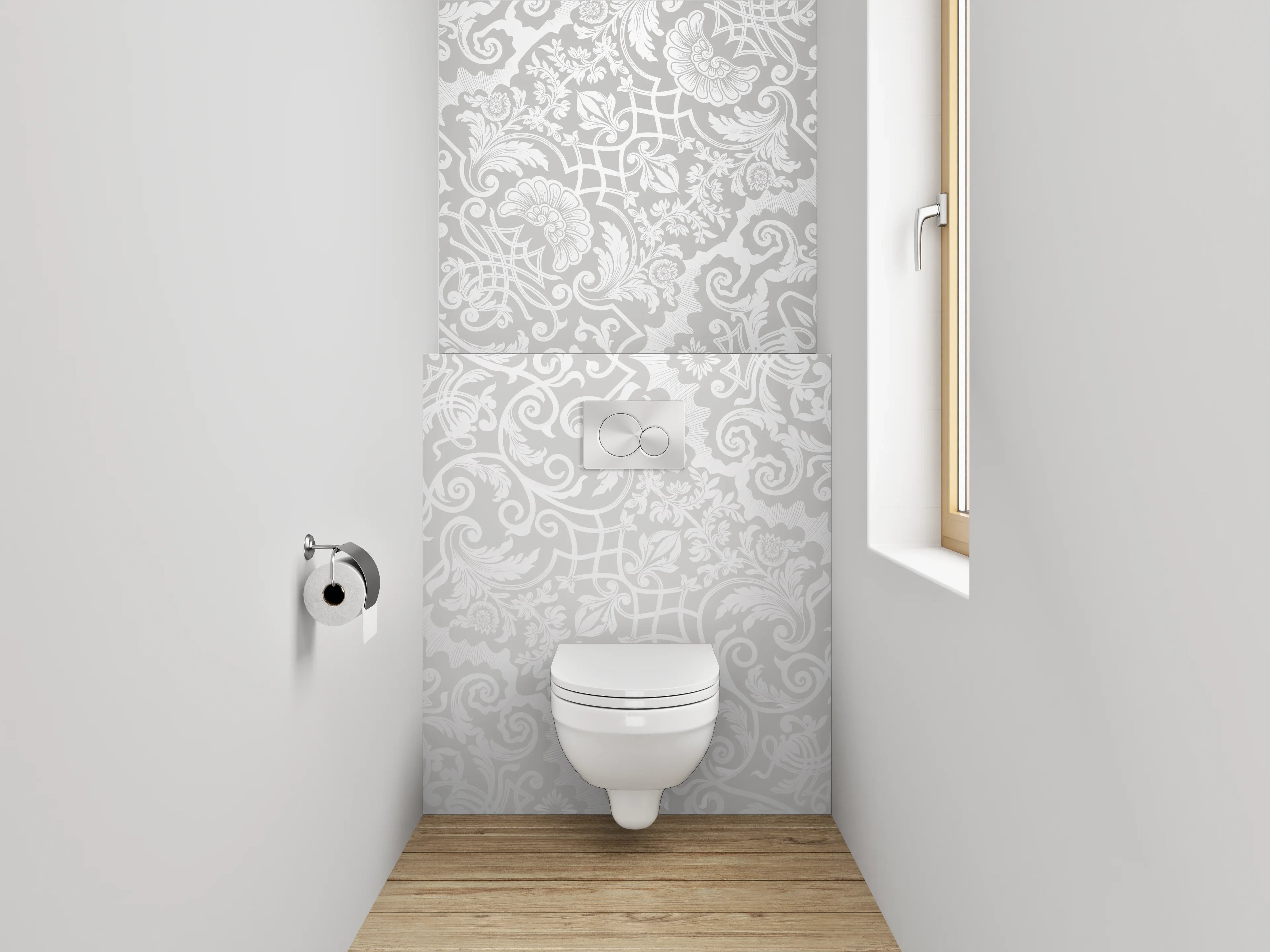 WC-Rückwand - Weiß-graues Ornament Muster Wanddesign