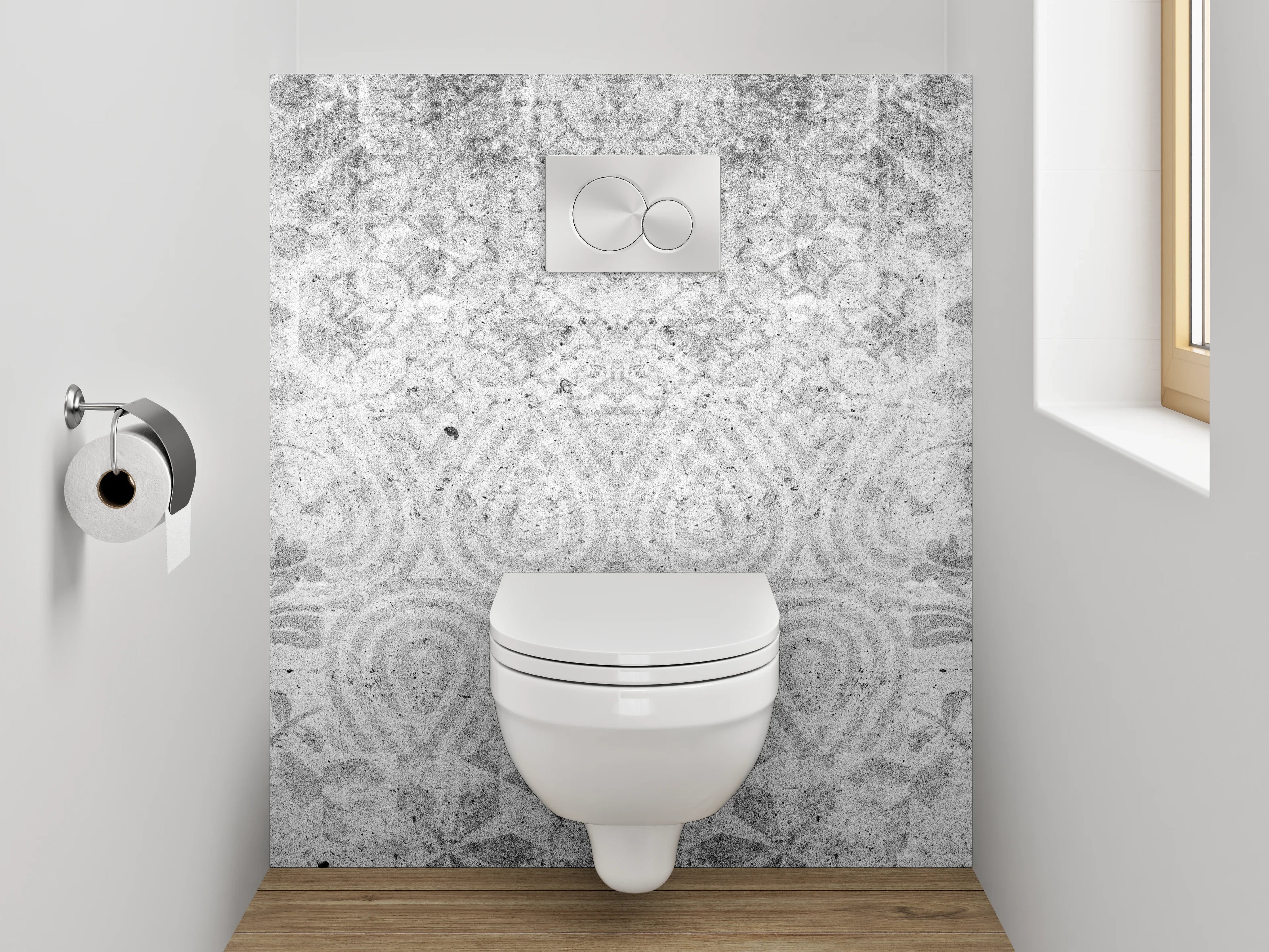 WC-Rückwand - Weiß-graues Ornament-Muster in Marmor-Optik