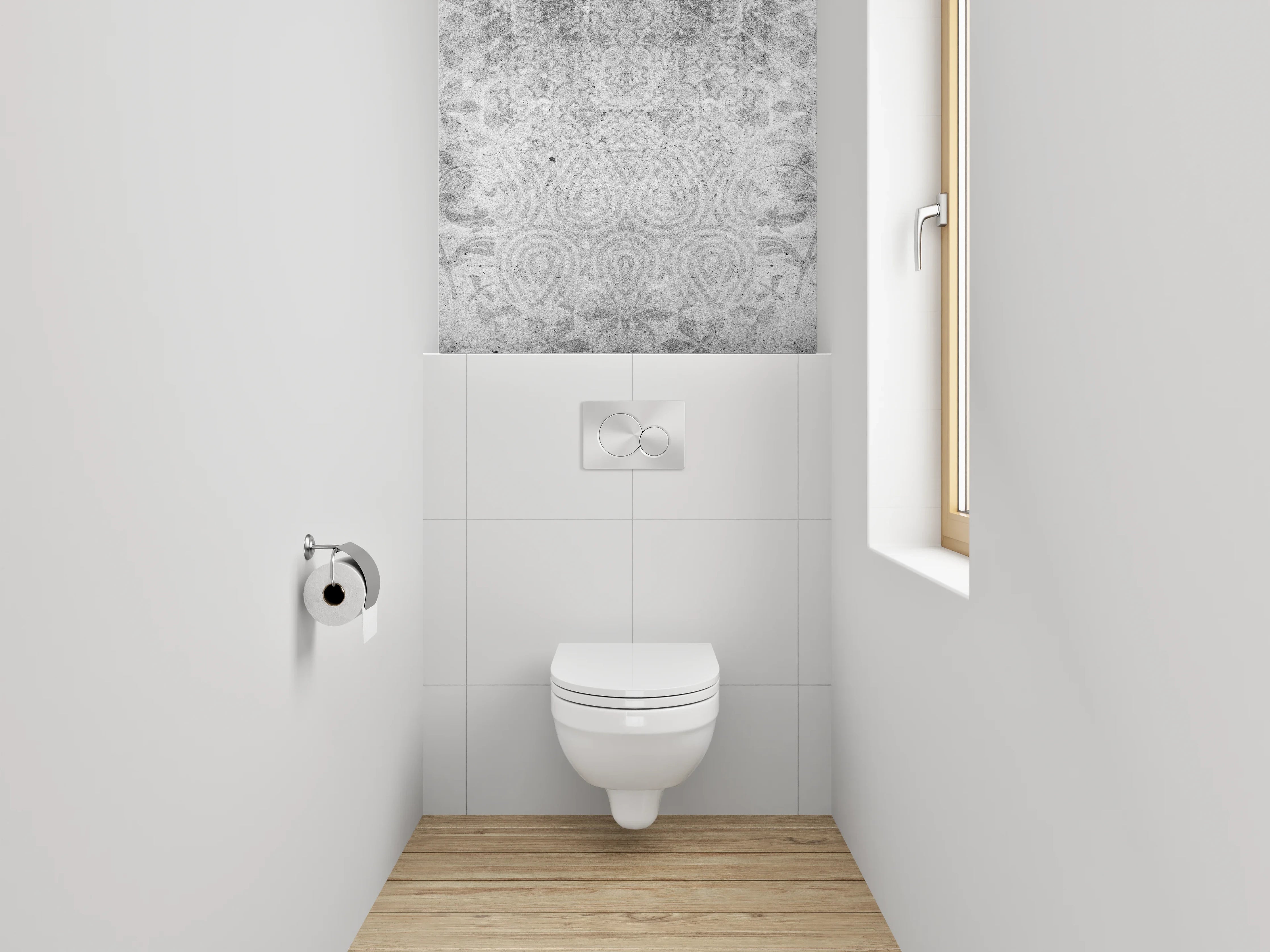 WC-Rückwand - Weiß-graues Ornament-Muster in Marmor-Optik