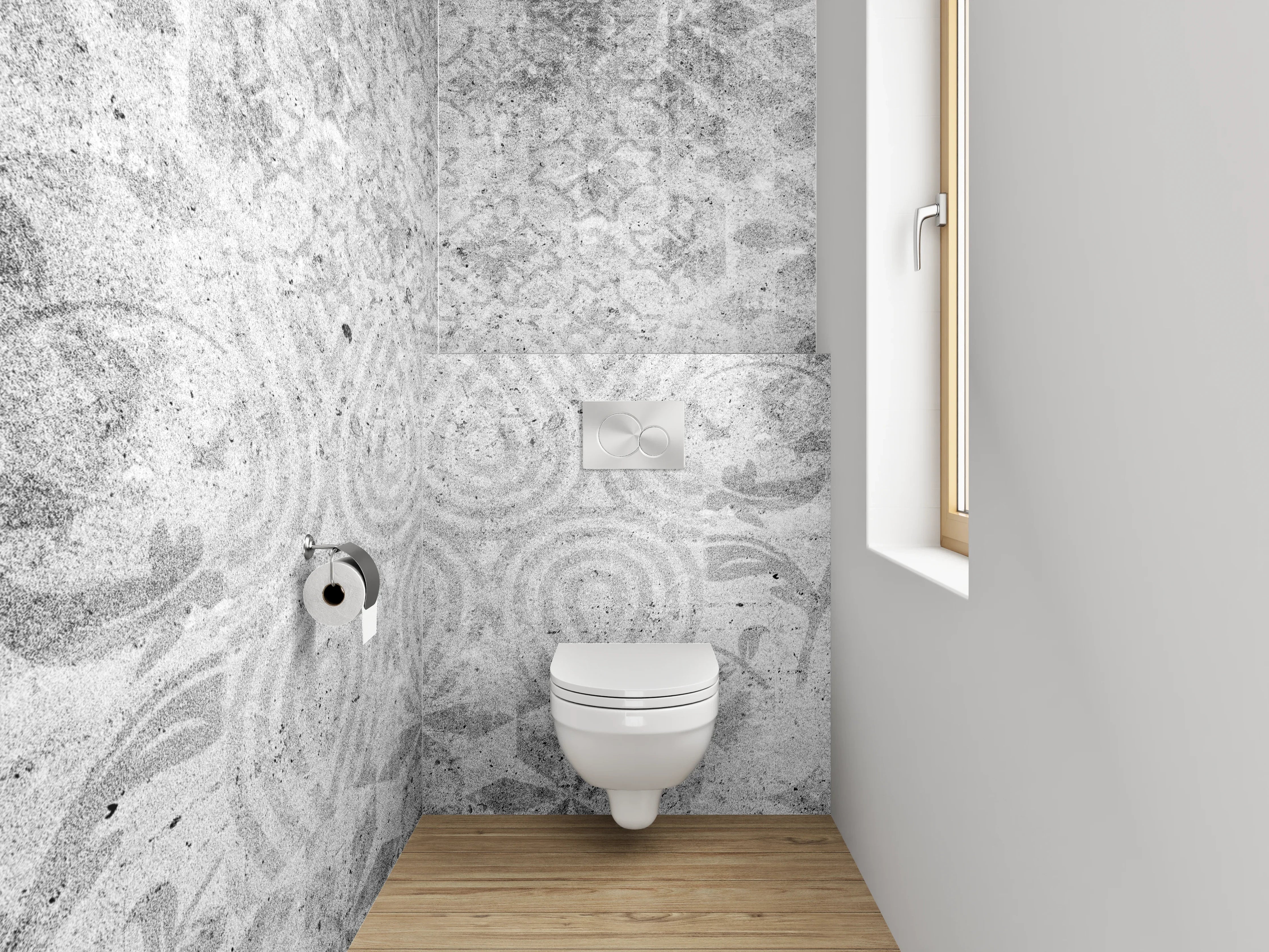 WC-Rückwand - Weiß-graues Ornament-Muster in Marmor-Optik