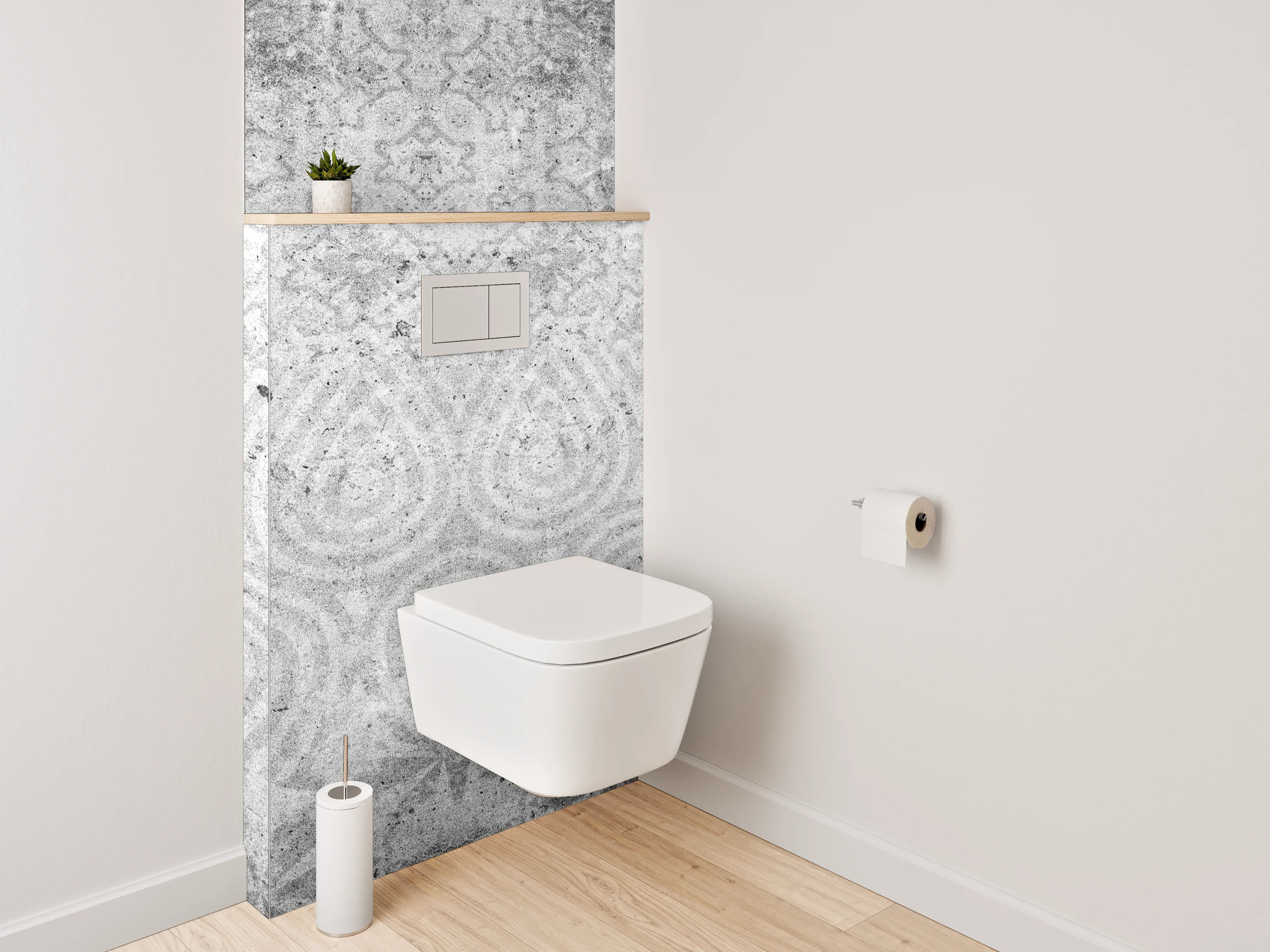 WC-Rückwand - Weiß-graues Ornament-Muster in Marmor-Optik