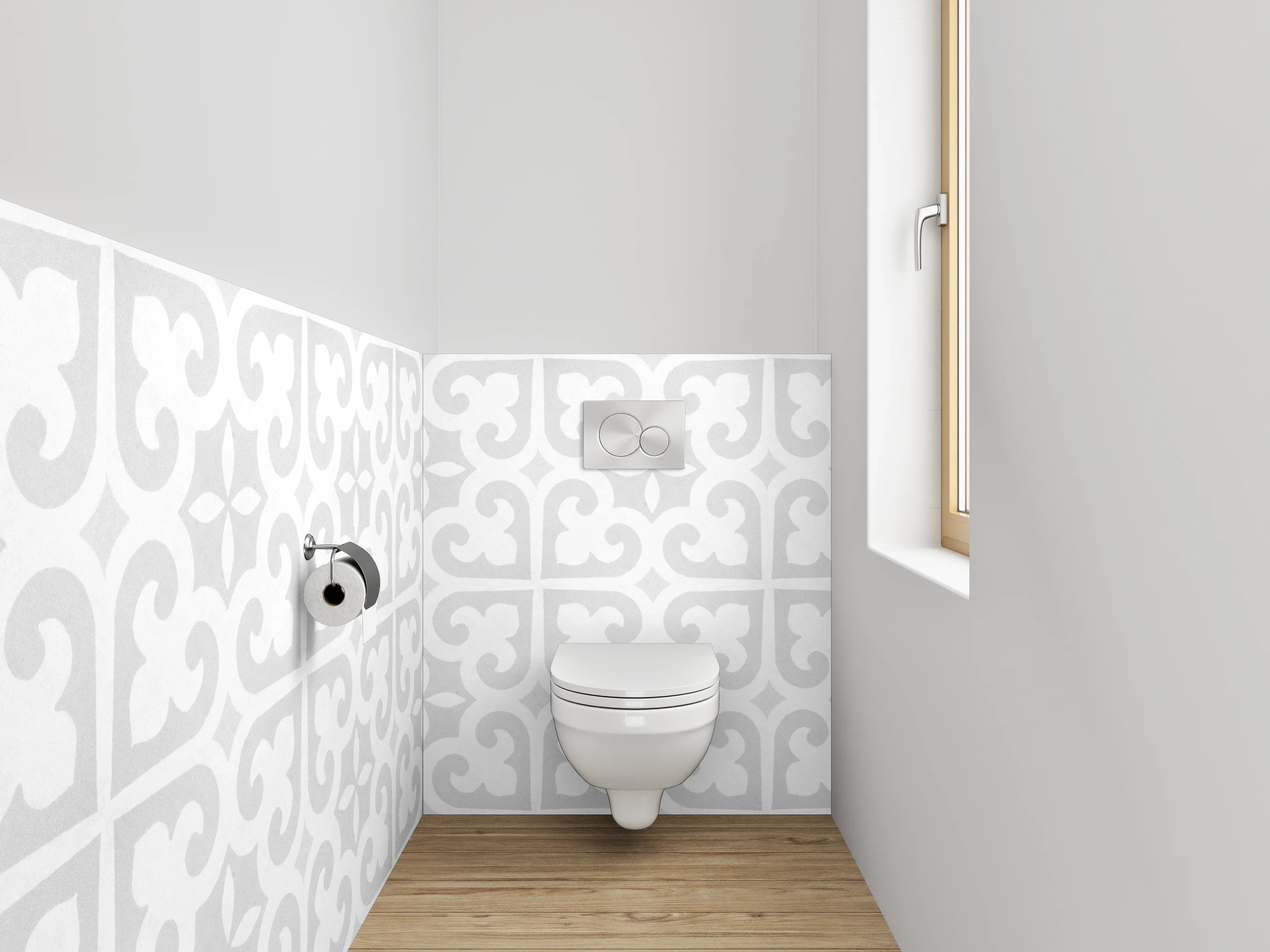 WC-Rückwand - Weiß-graues Ornament-Muster modern