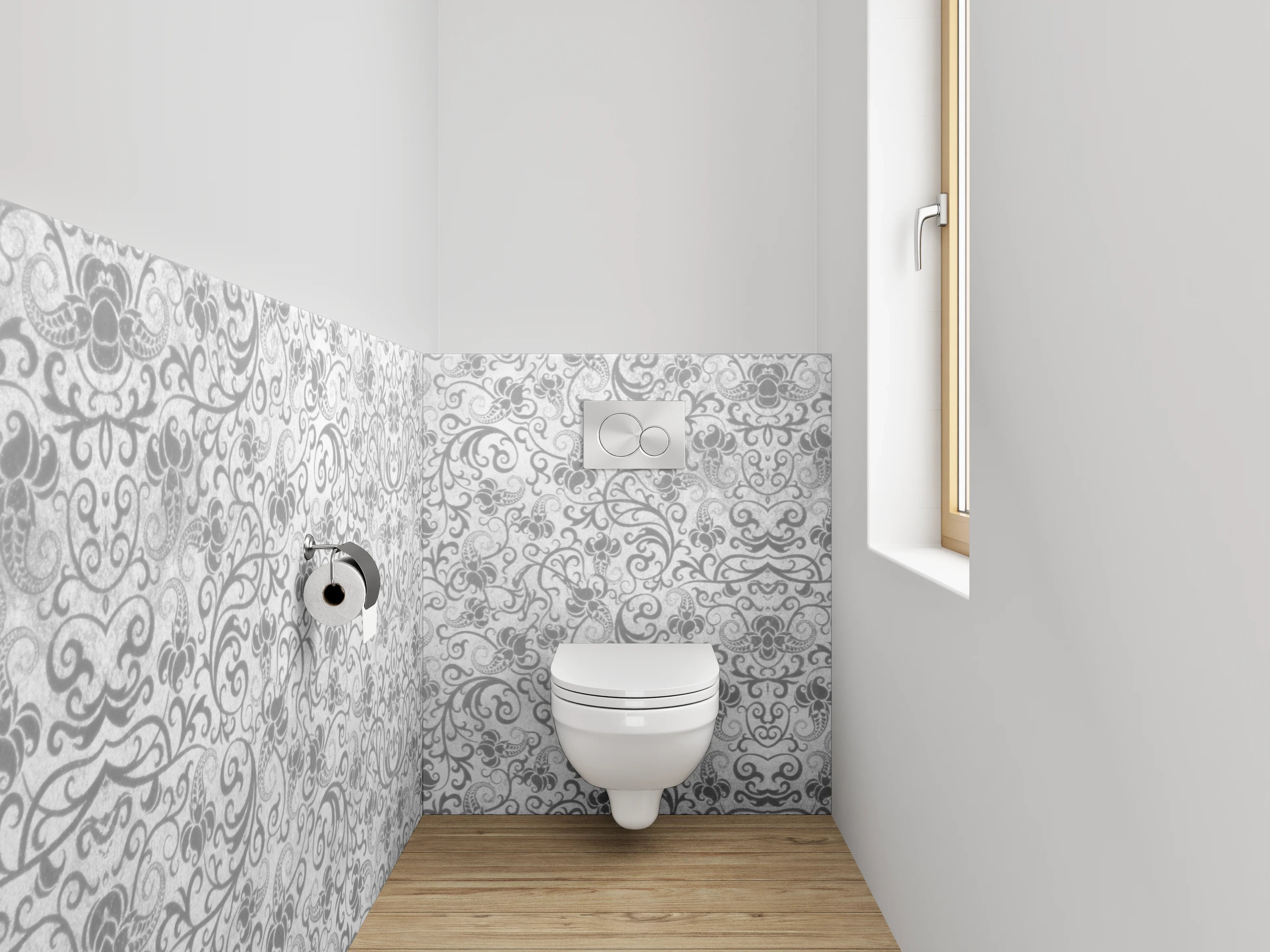 WC-Rückwand - Weiß-graues Ornamente Muster Marmoroptik