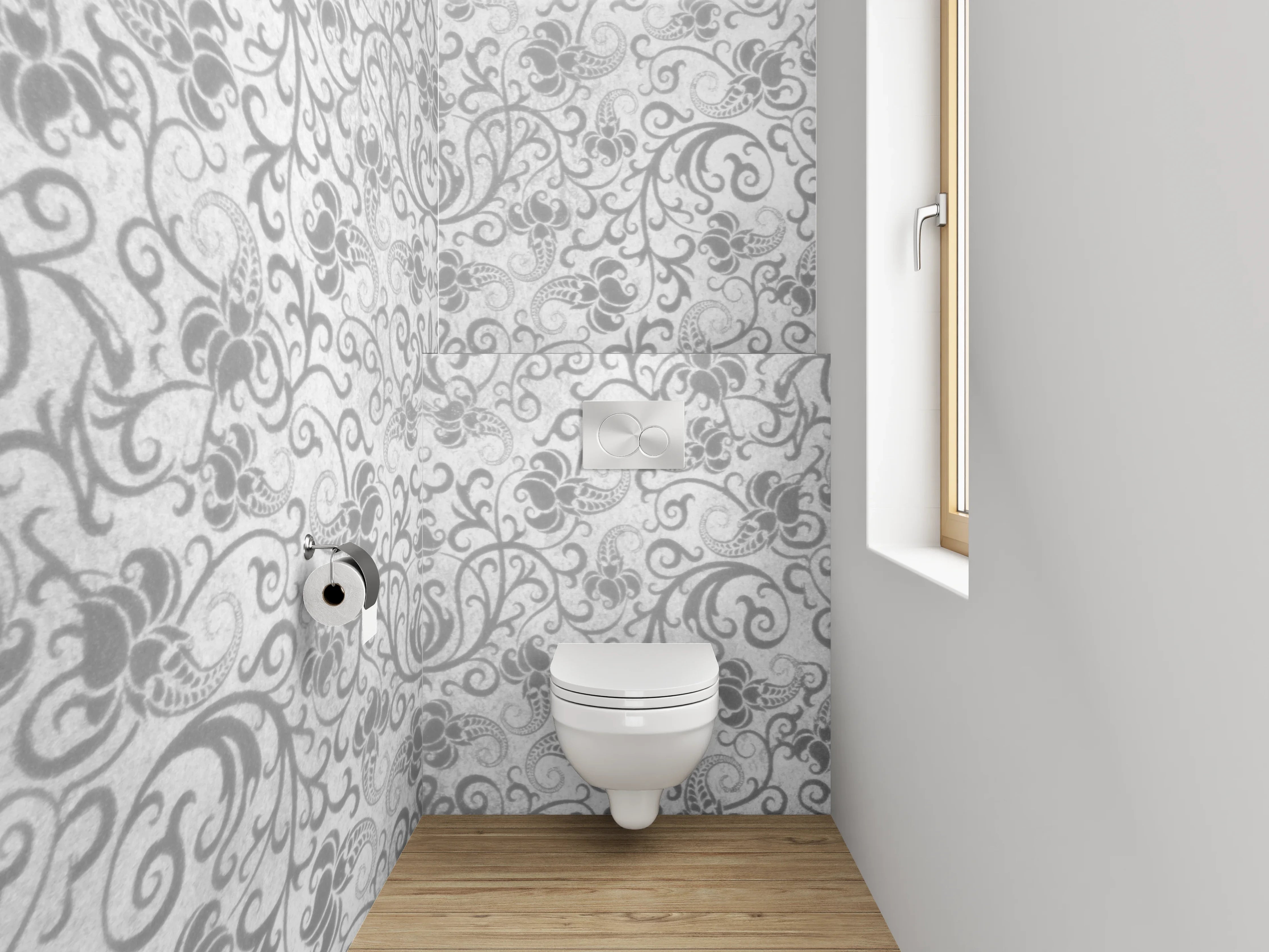 WC-Rückwand - Weiß-graues Ornamente Muster Marmoroptik