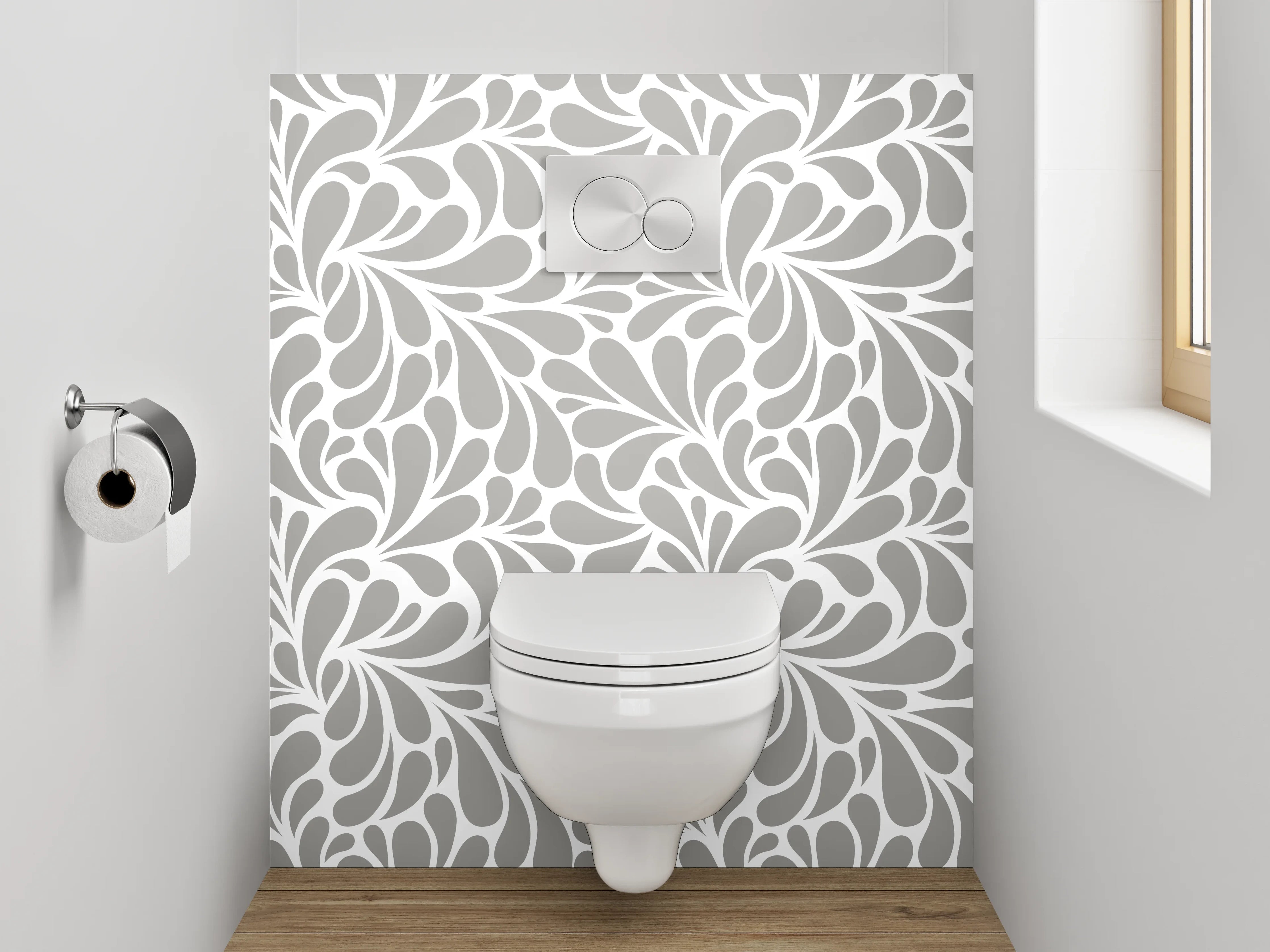 WC-Rückwand - Weiß-graues florales Wirbelmuster