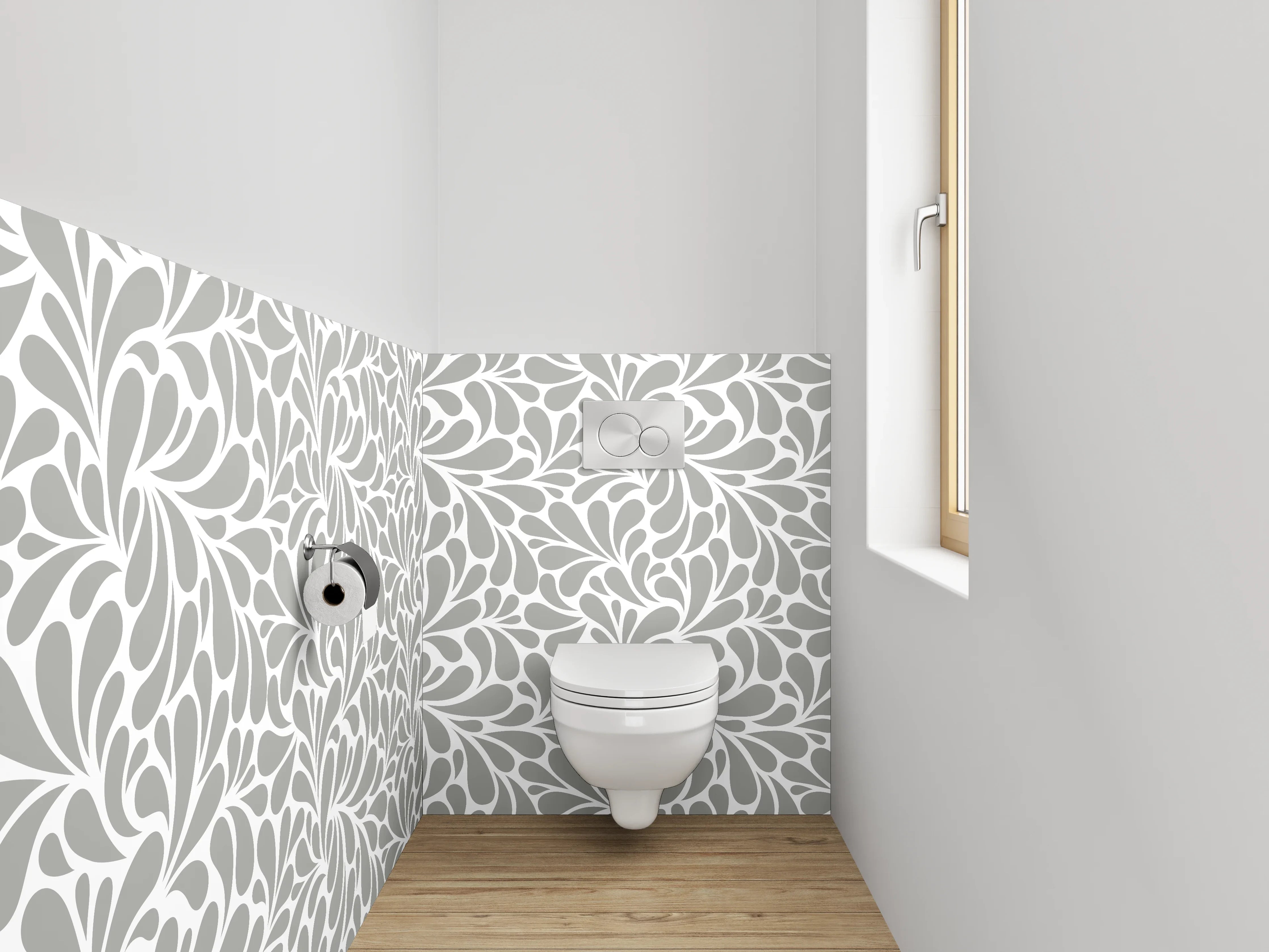 WC-Rückwand - Weiß-graues florales Wirbelmuster