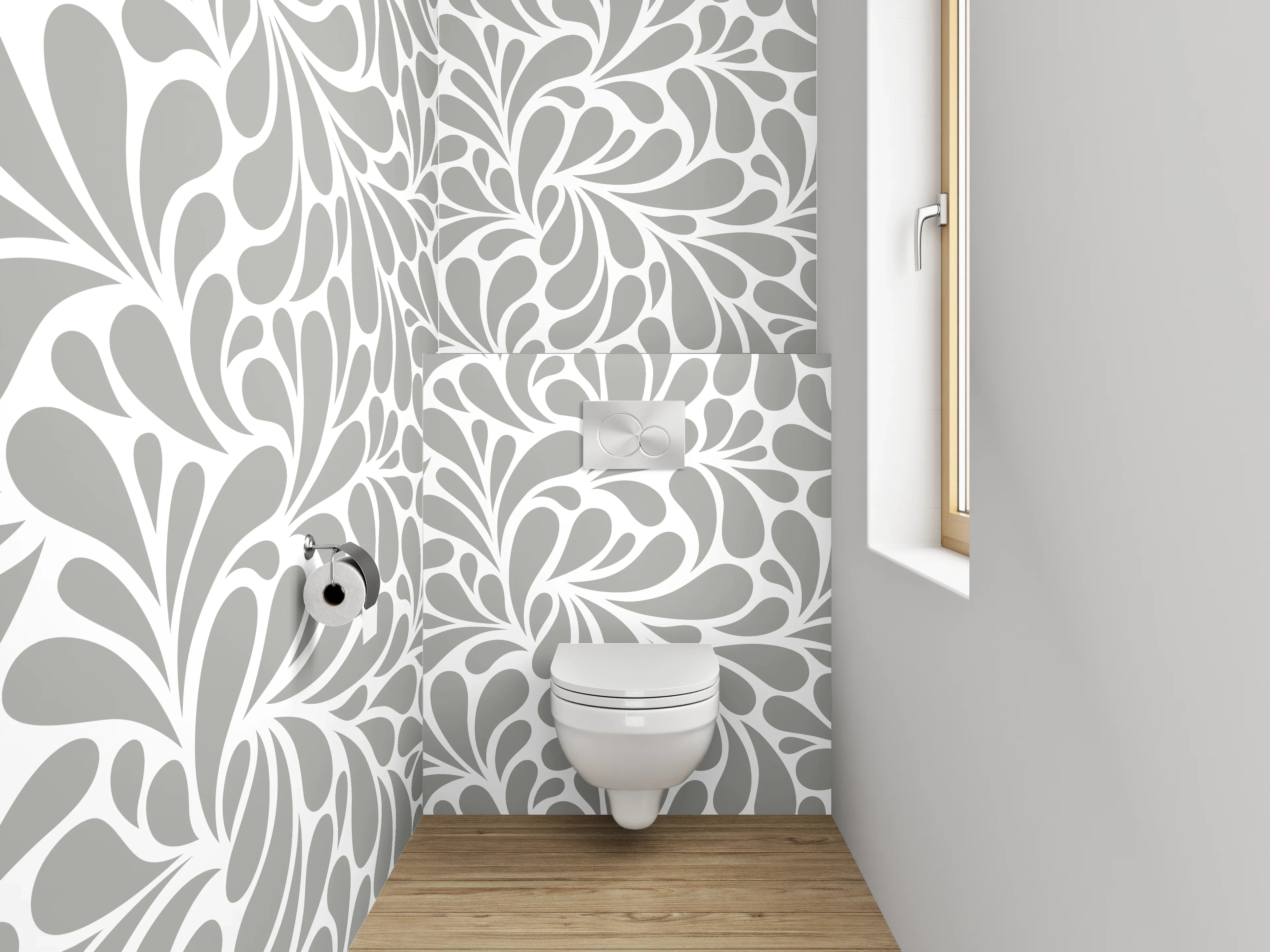 WC-Rückwand - Weiß-graues florales Wirbelmuster