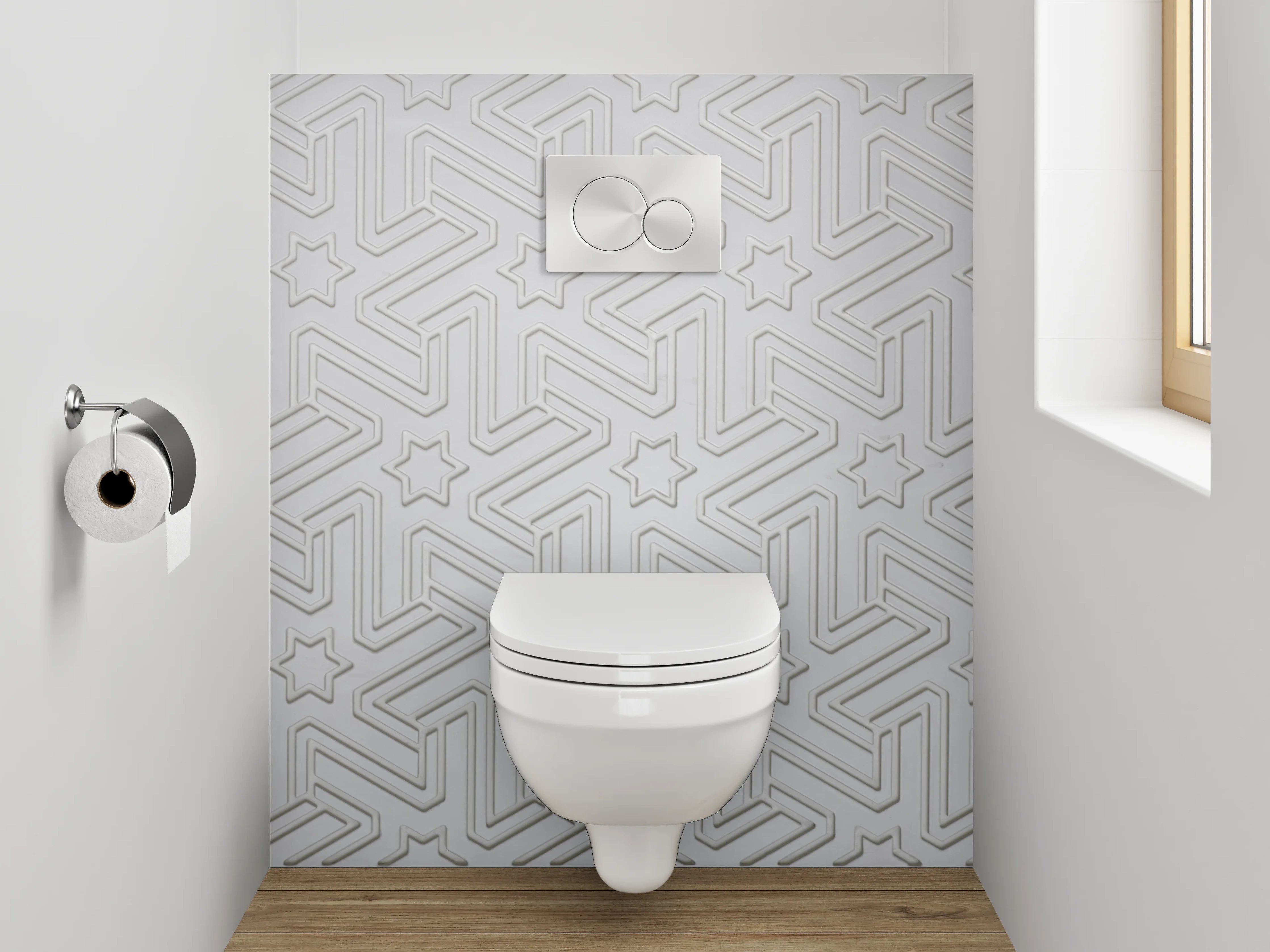 WC-Rückwand - Weiß-graues geometrisches Sternmuster