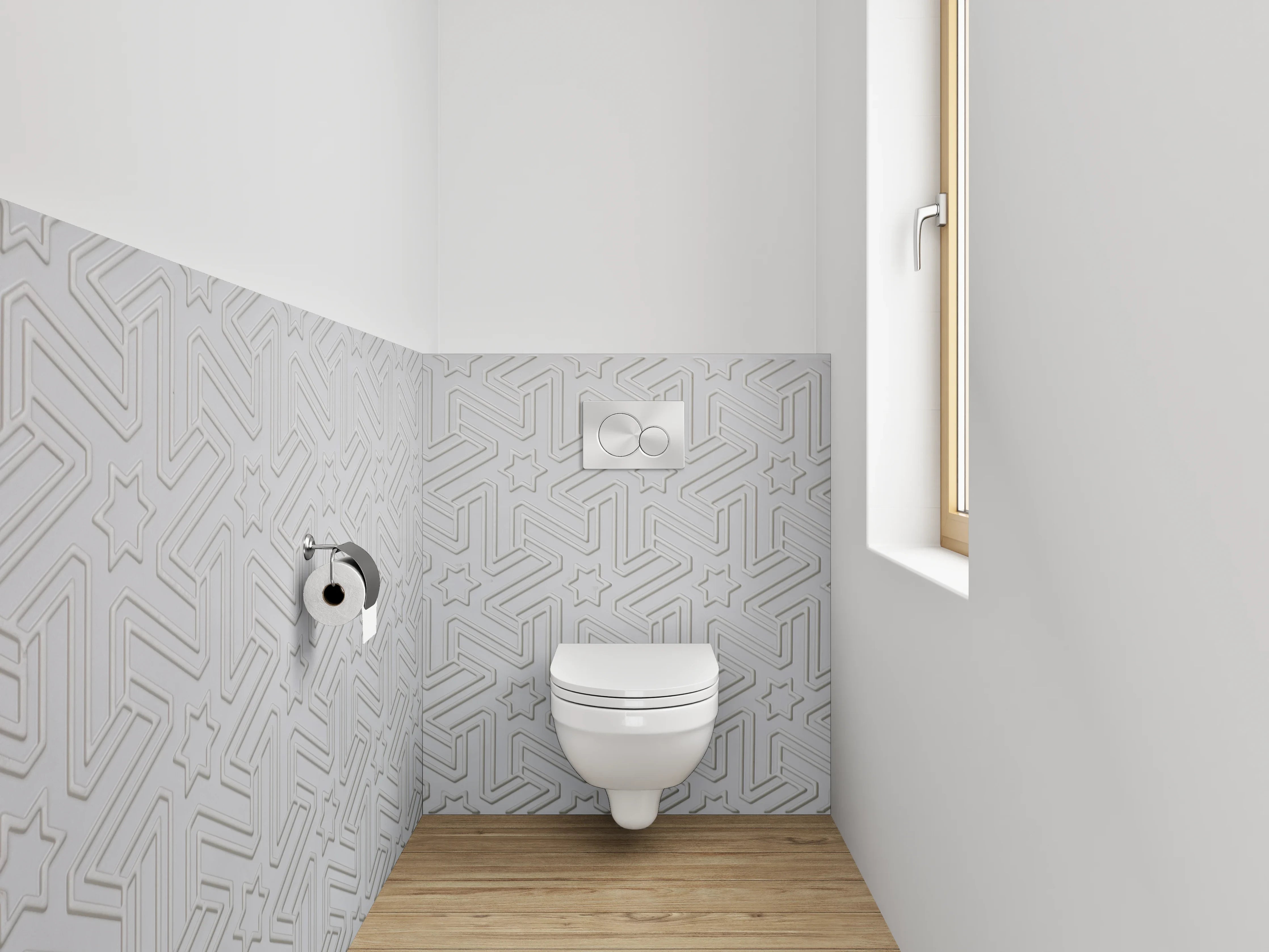 WC-Rückwand - Weiß-graues geometrisches Sternmuster