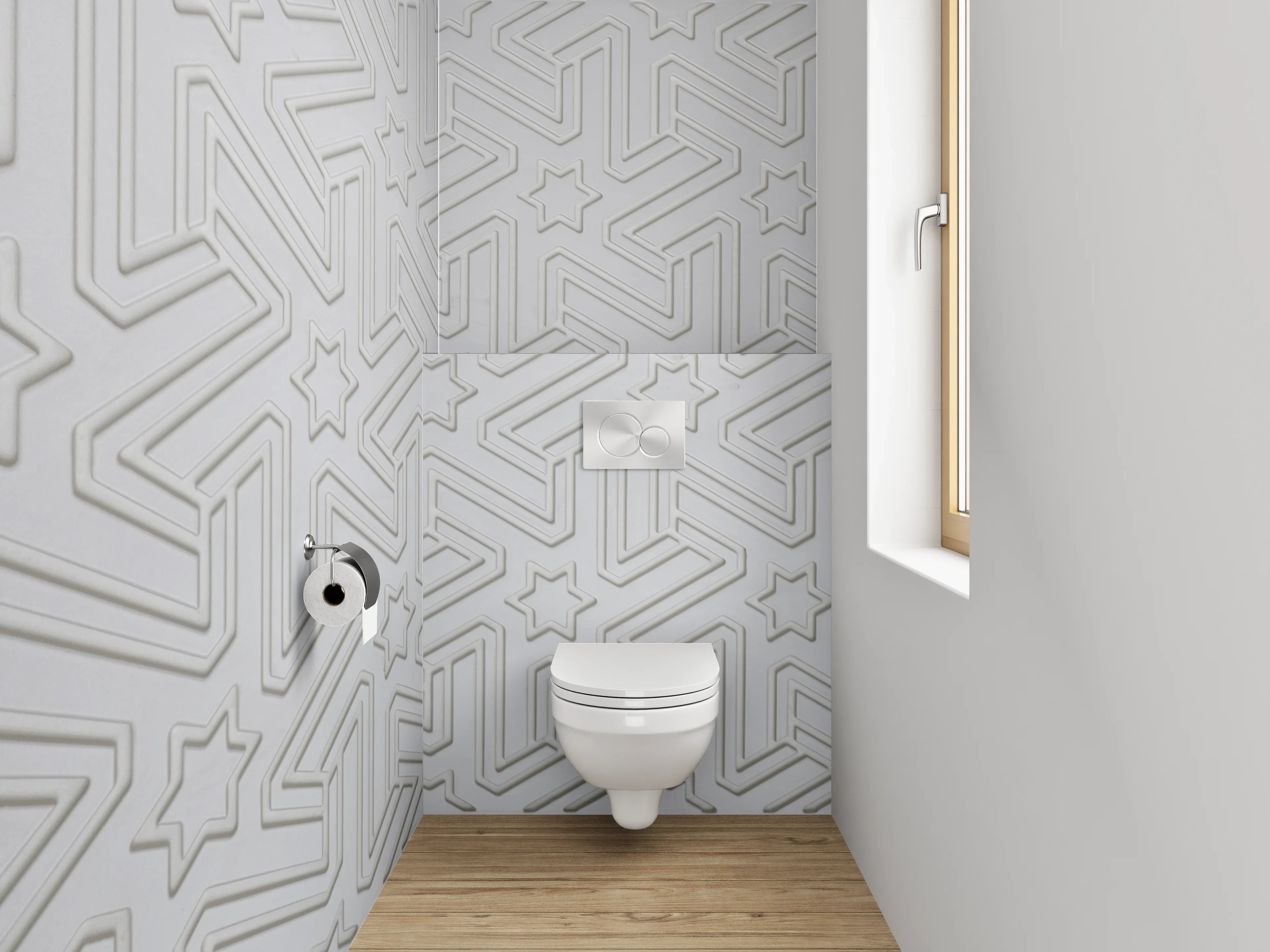 WC-Rückwand - Weiß-graues geometrisches Sternmuster