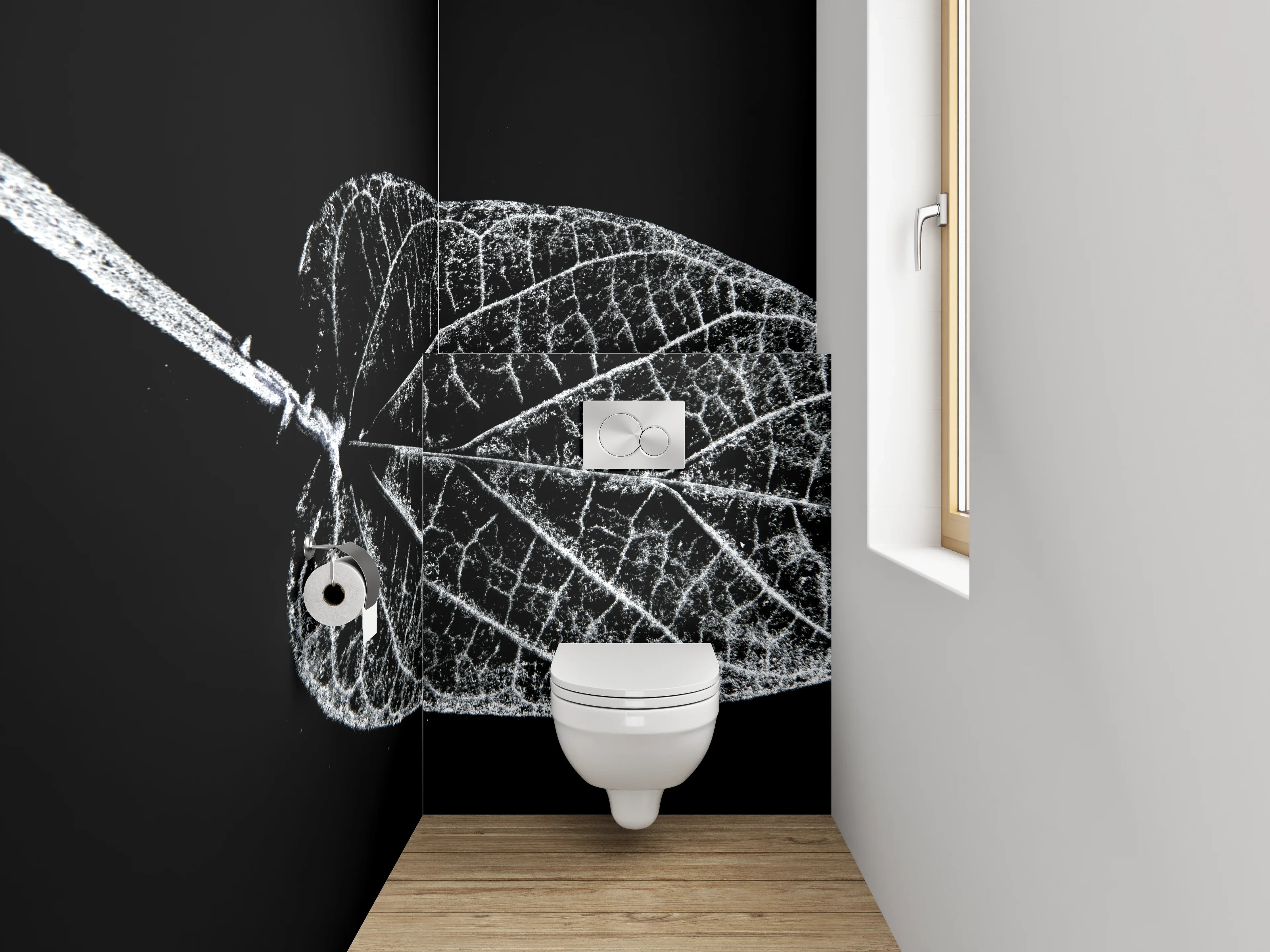 WC-Rückwand - Weiß-schwarzes Blatt in feiner Struktur