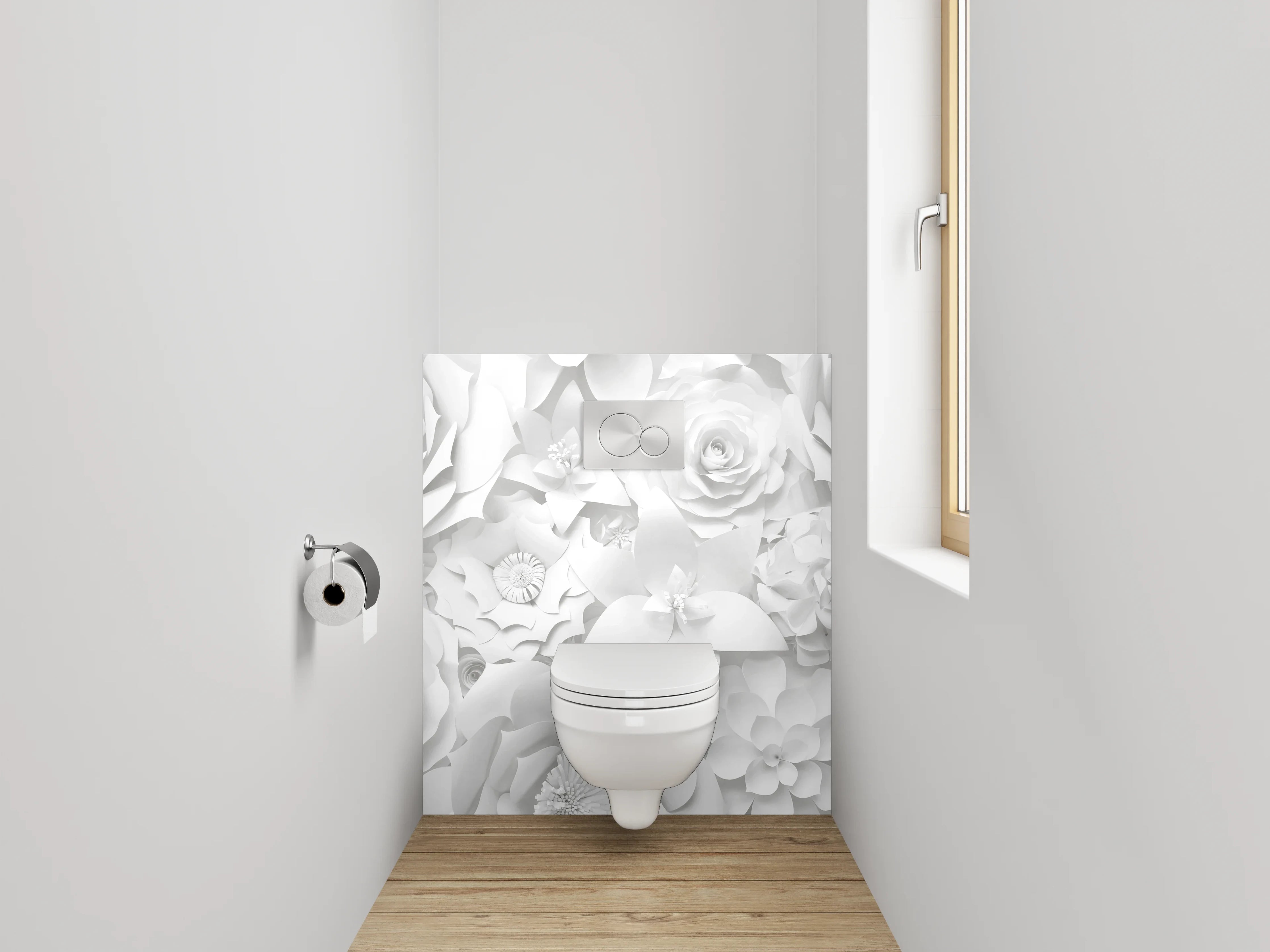 WC-Rückwand - Weiße 3D-Blumen Tapete