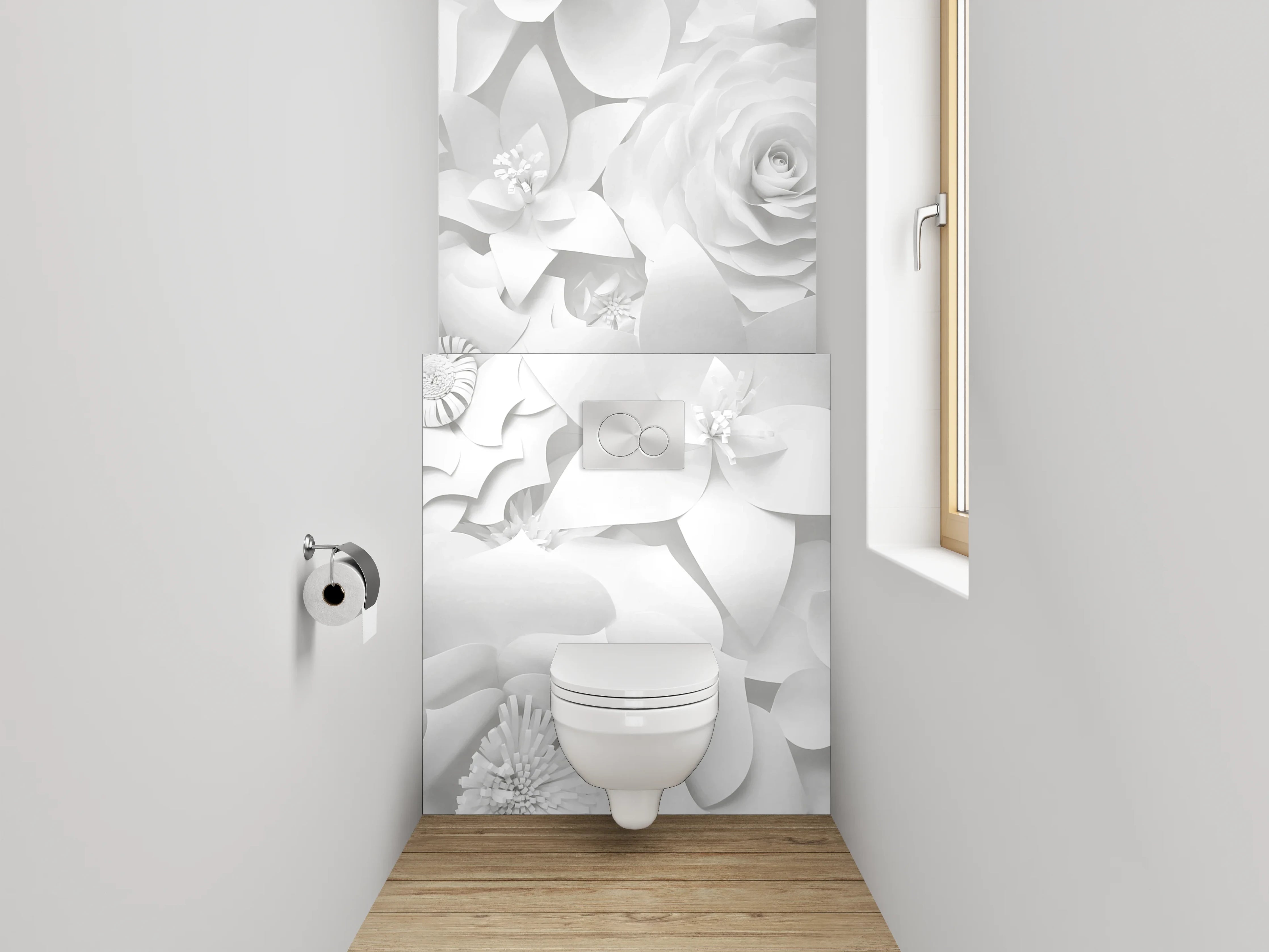 WC-Rückwand - Weiße 3D-Blumen Tapete