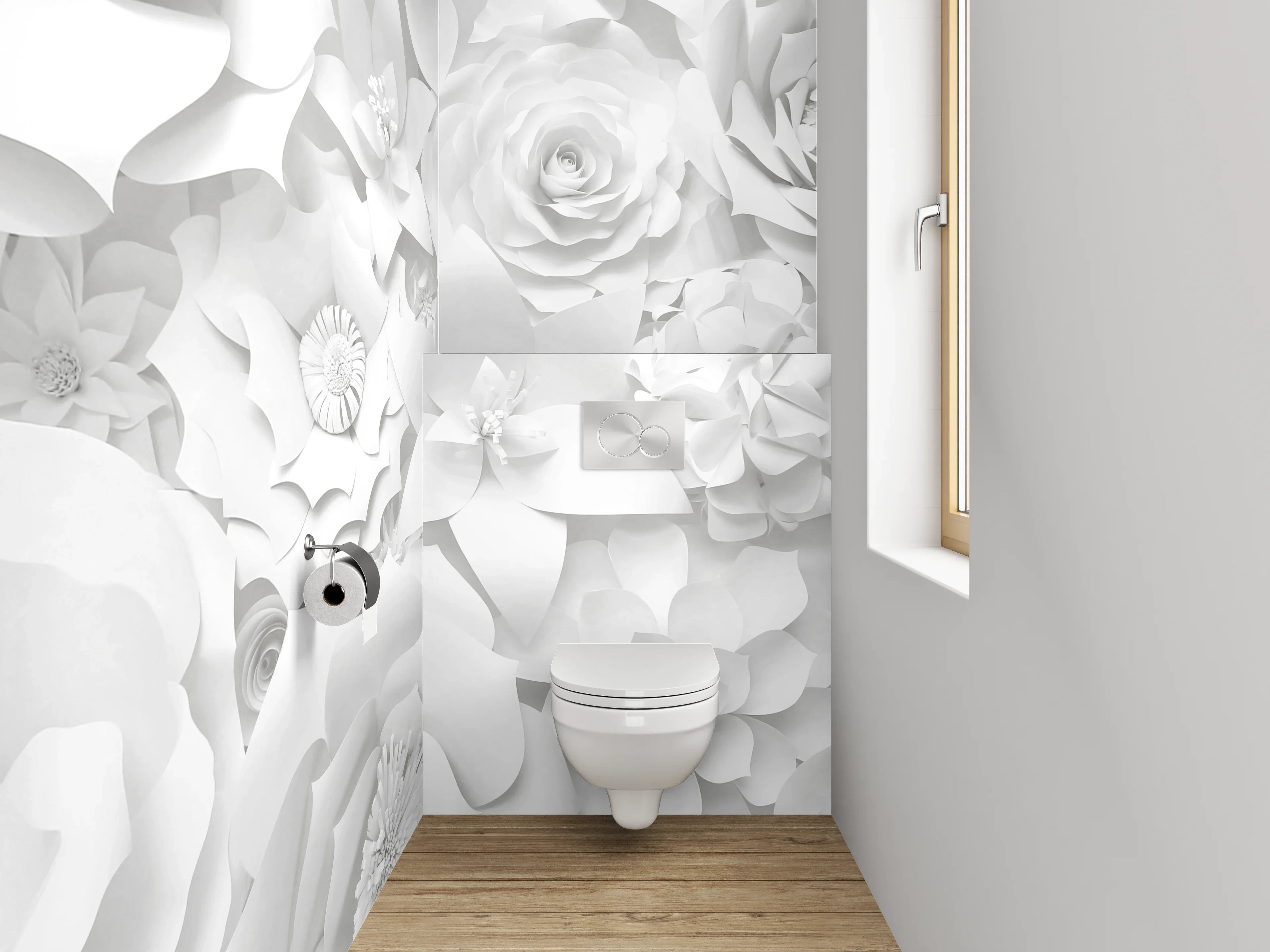 WC-Rückwand - Weiße 3D-Blumen Tapete