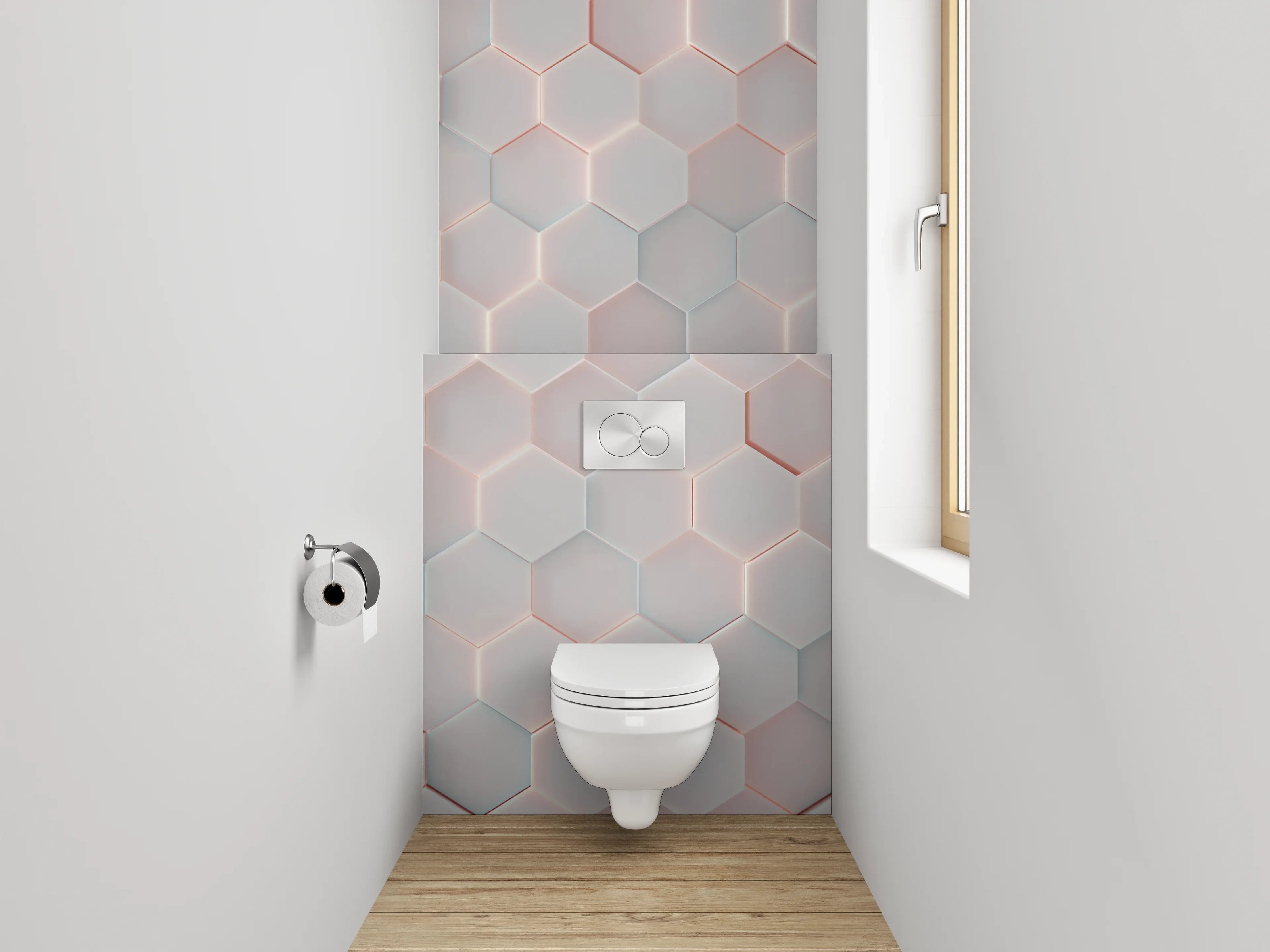 WC-Rückwand - Weiße 3D-Hexagon-Fliesen mit rotem Rand