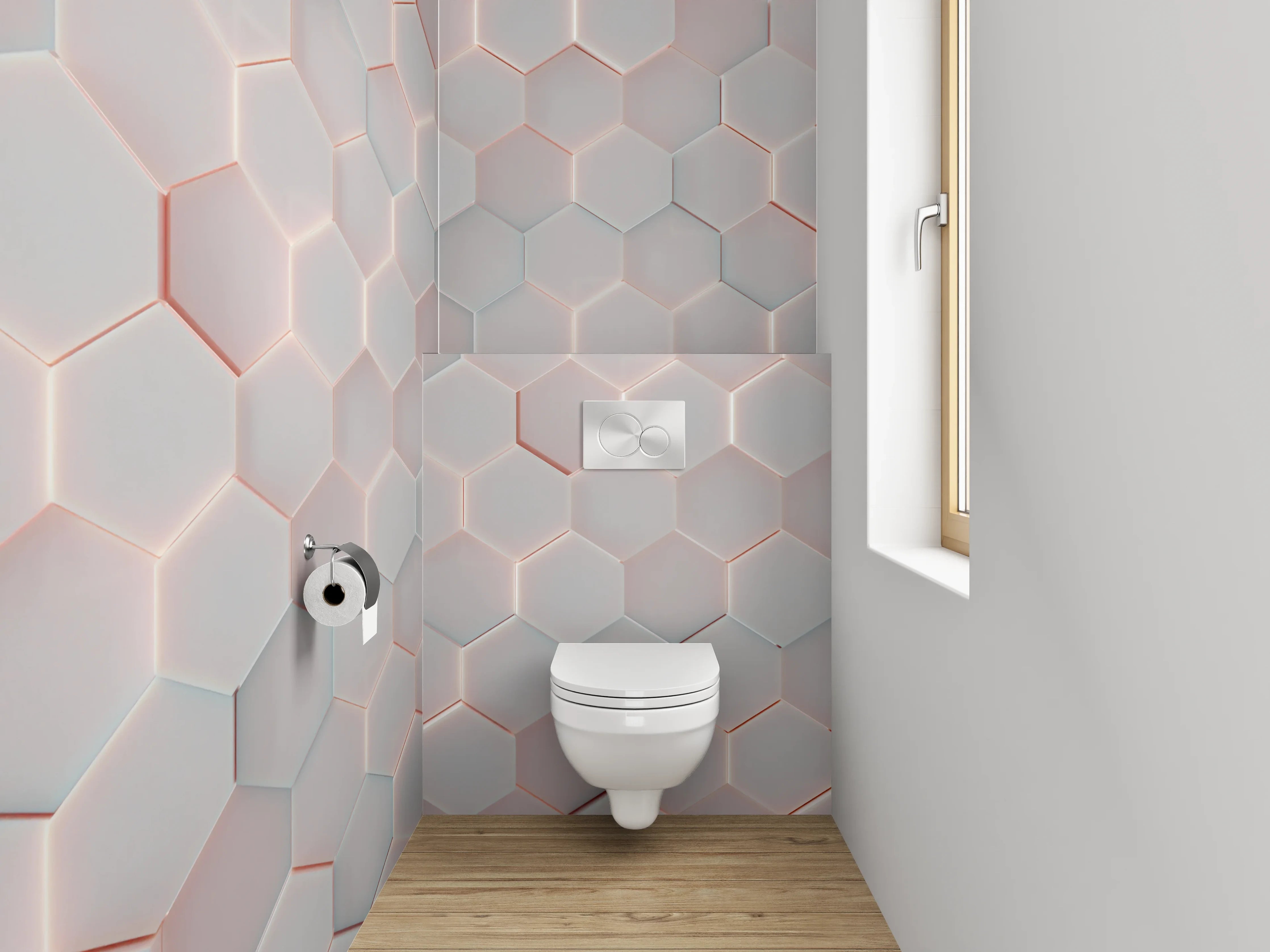 WC-Rückwand - Weiße 3D-Hexagon-Fliesen mit rotem Rand