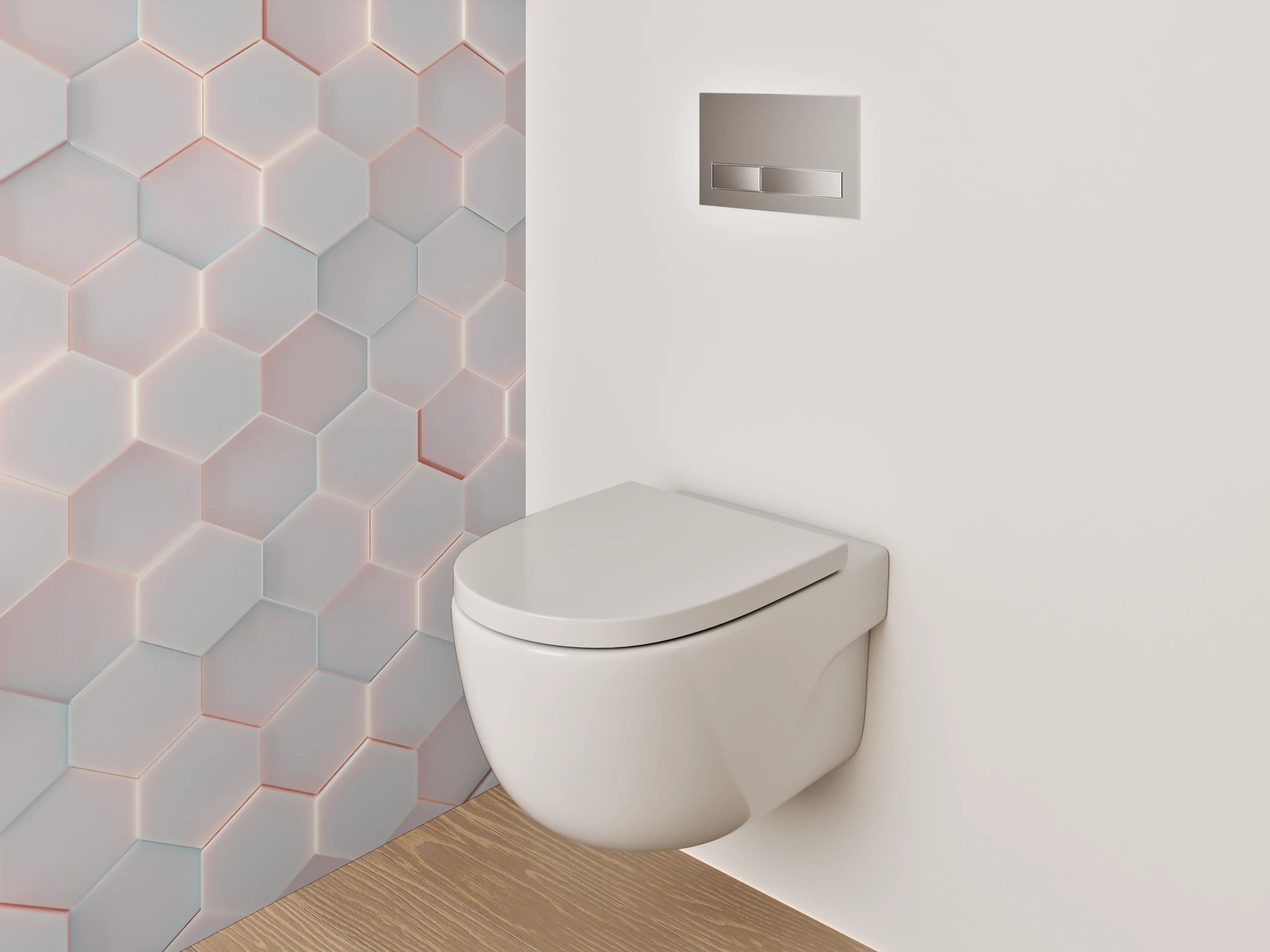 WC-Rückwand - Weiße 3D-Hexagon-Fliesen mit rotem Rand