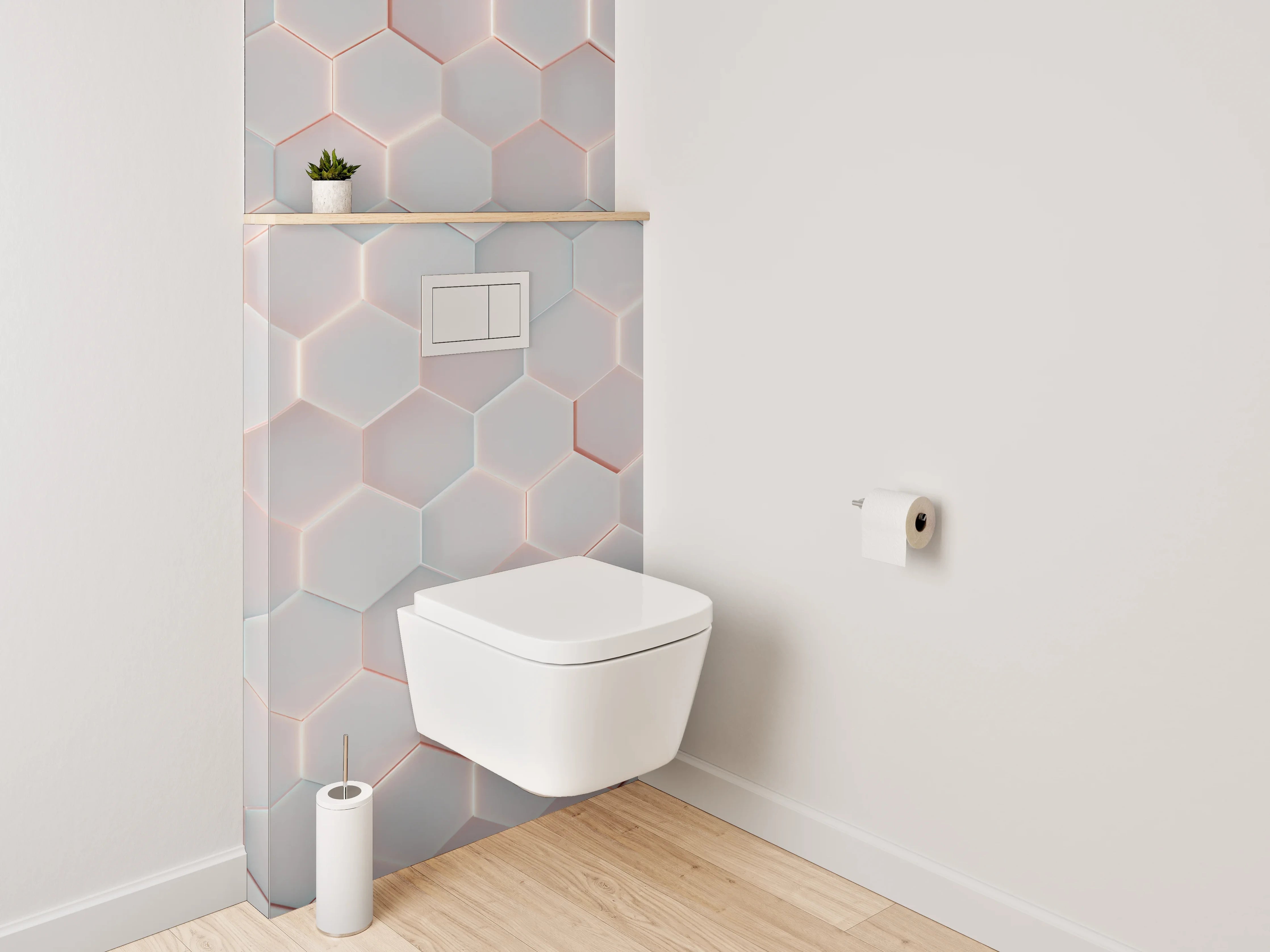 WC-Rückwand - Weiße 3D-Hexagon-Fliesen mit rotem Rand