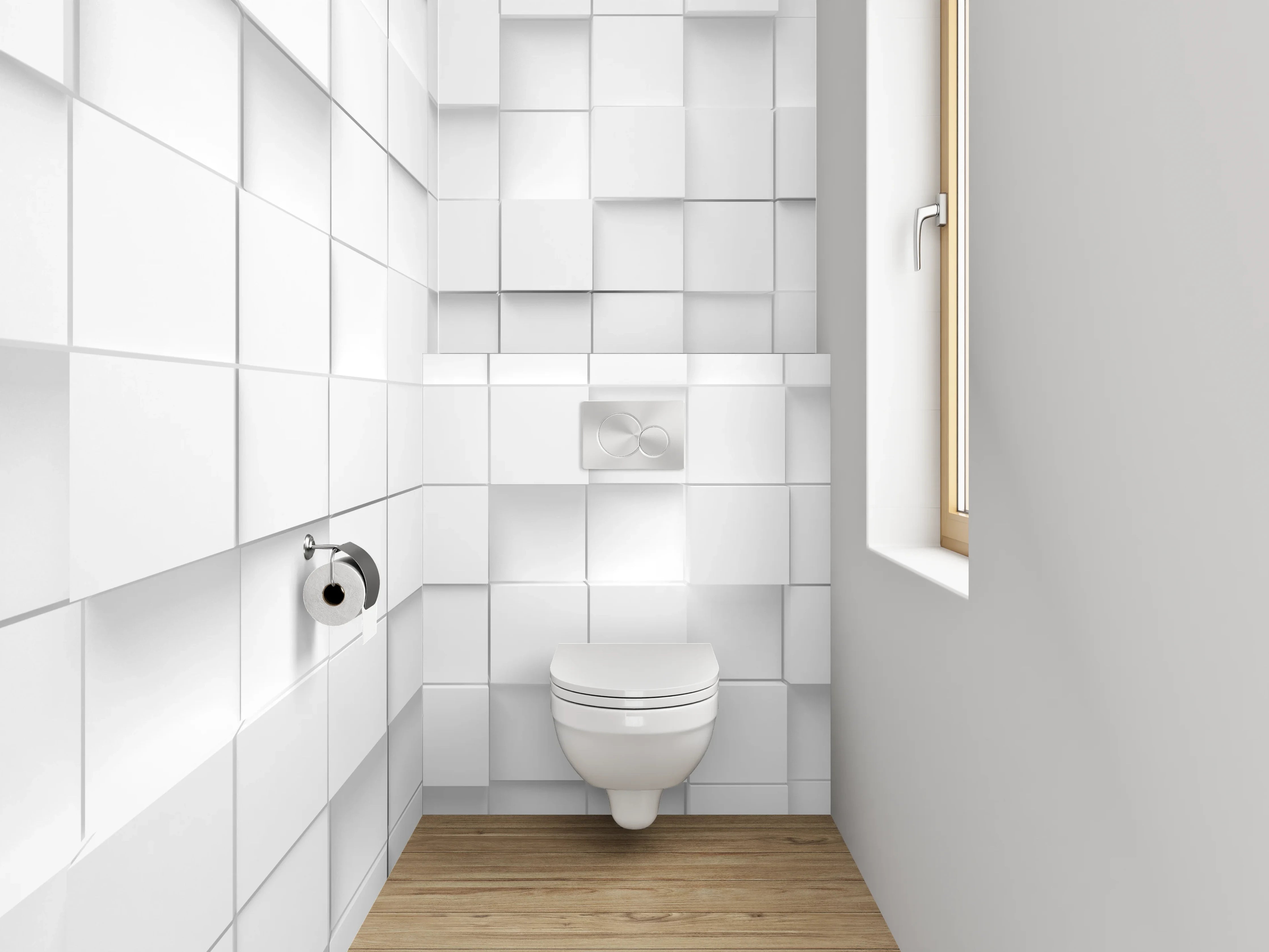 WC-Rückwand - Weiße 3D-Kacheln Modern Geometrisch