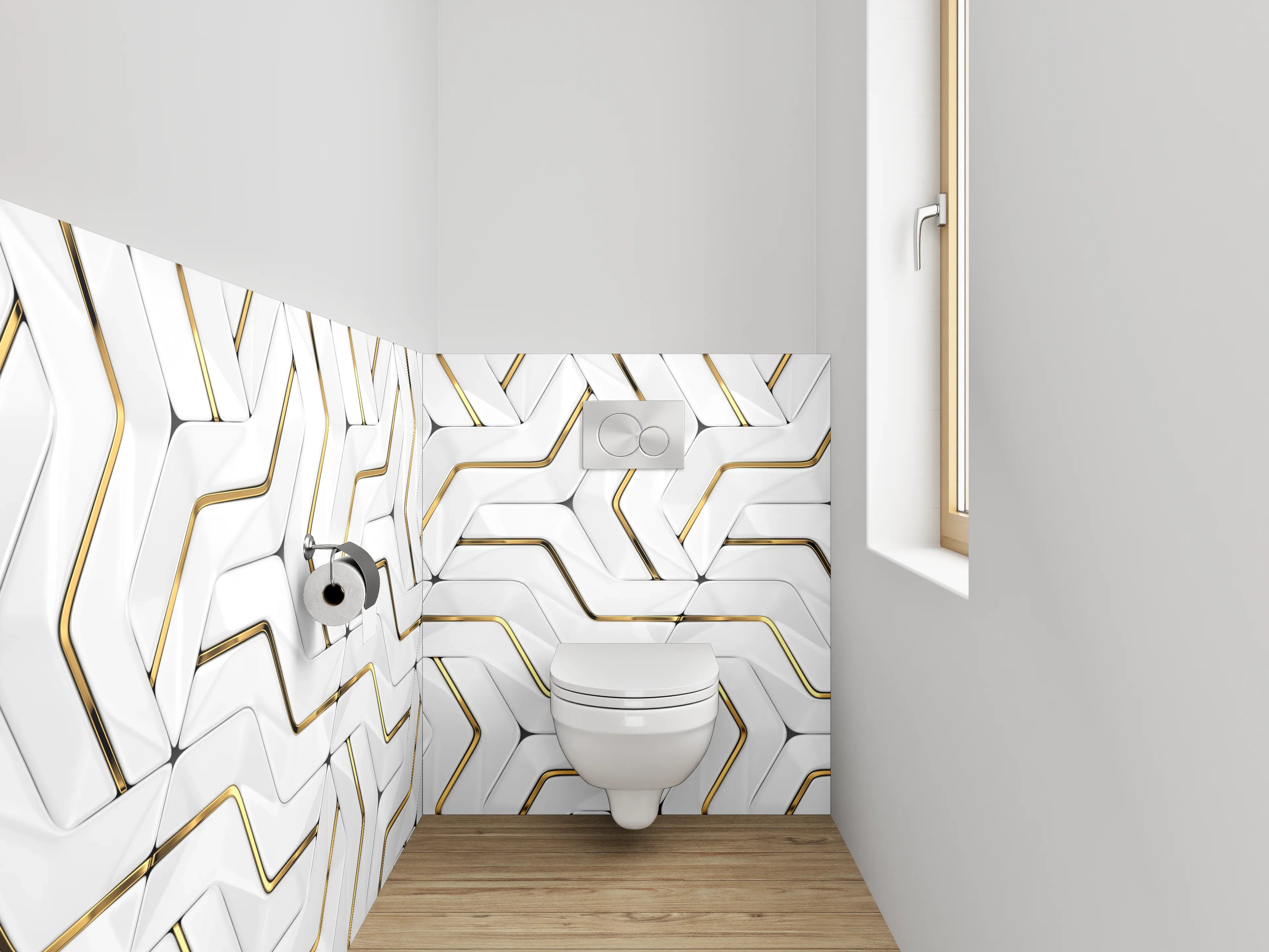 WC-Rückwand - Weiße 3D-Muster-Optik mit Goldakzent