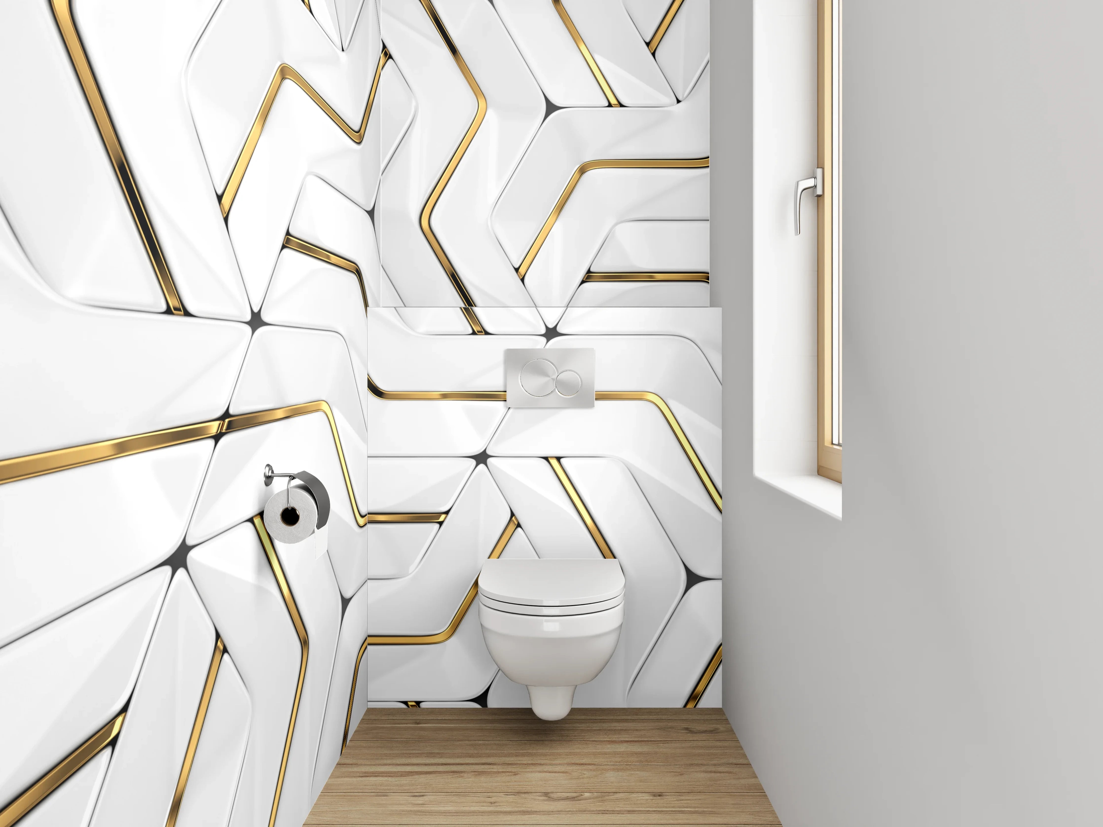 WC-Rückwand - Weiße 3D-Muster-Optik mit Goldakzent
