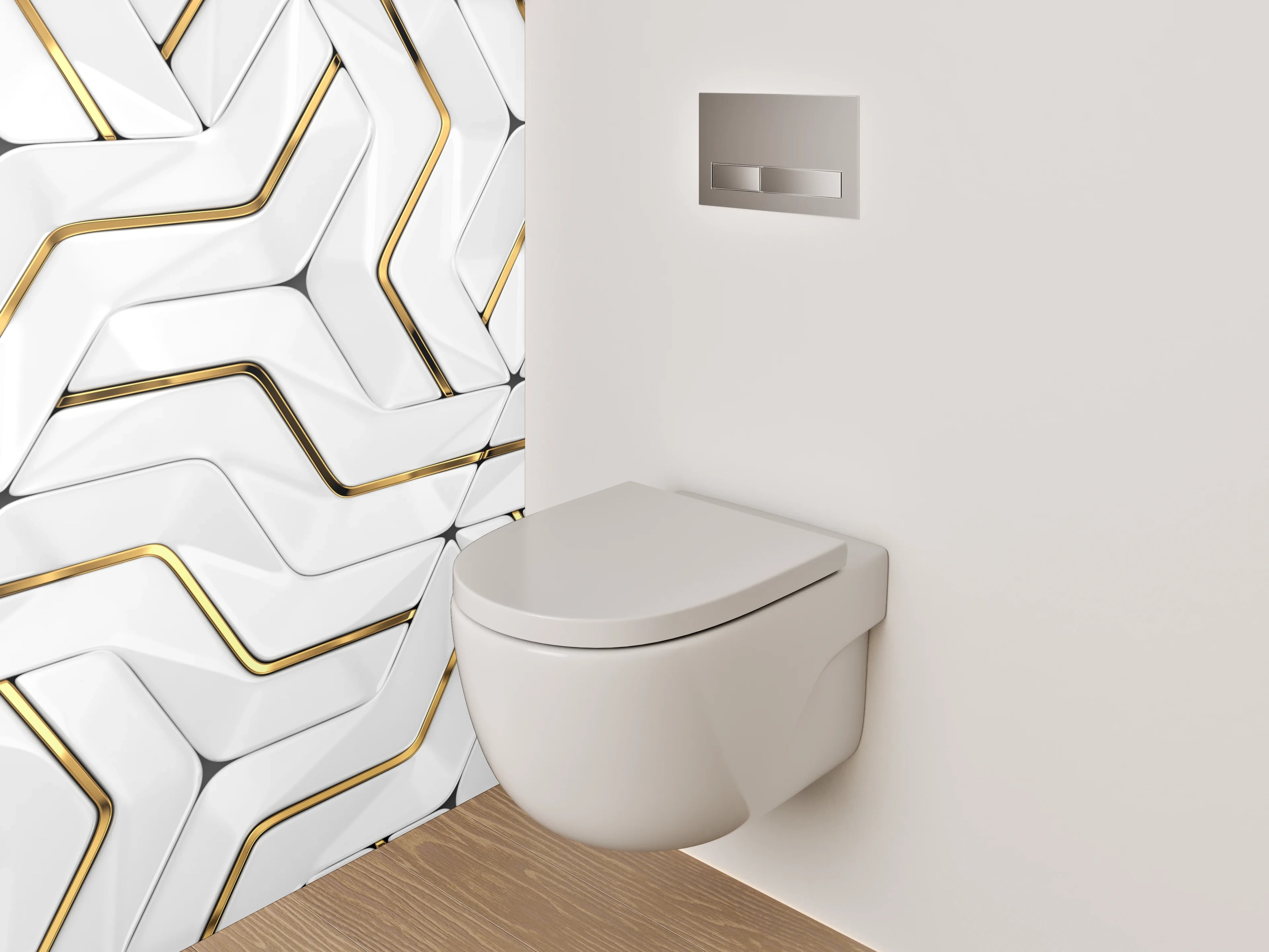 WC-Rückwand - Weiße 3D-Muster-Optik mit Goldakzent