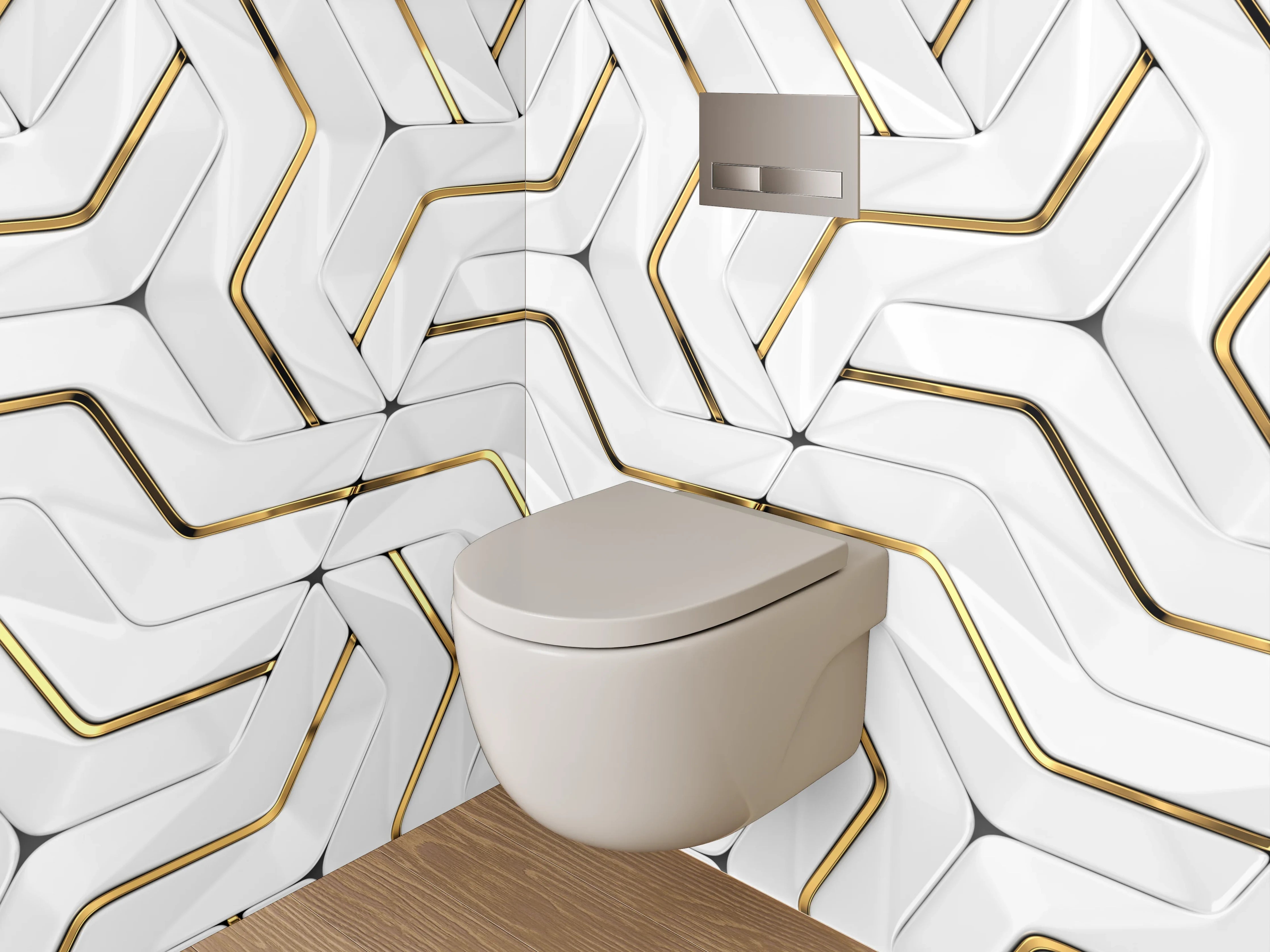 WC-Rückwand - Weiße 3D-Muster-Optik mit Goldakzent