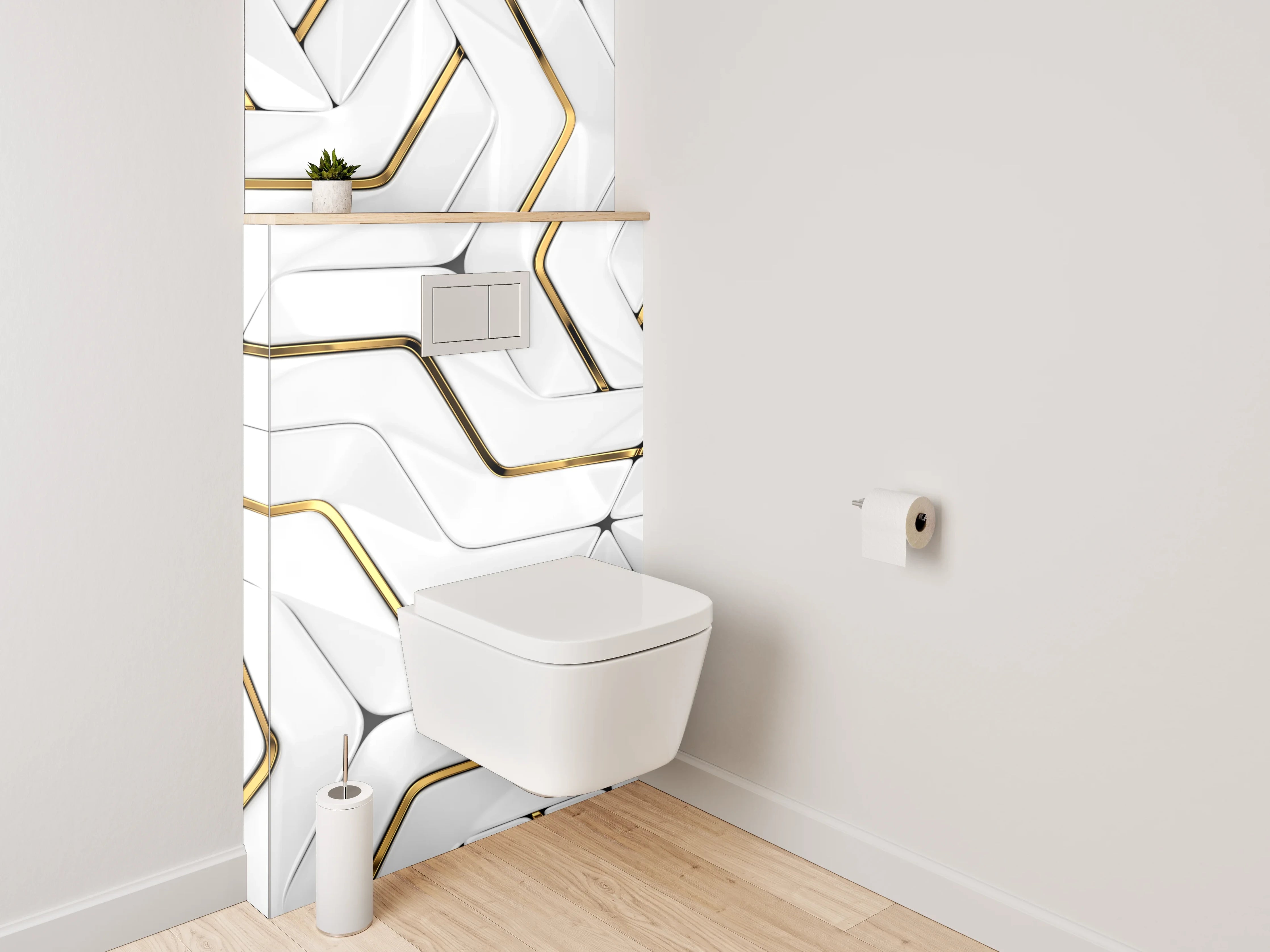 WC-Rückwand - Weiße 3D-Muster-Optik mit Goldakzent