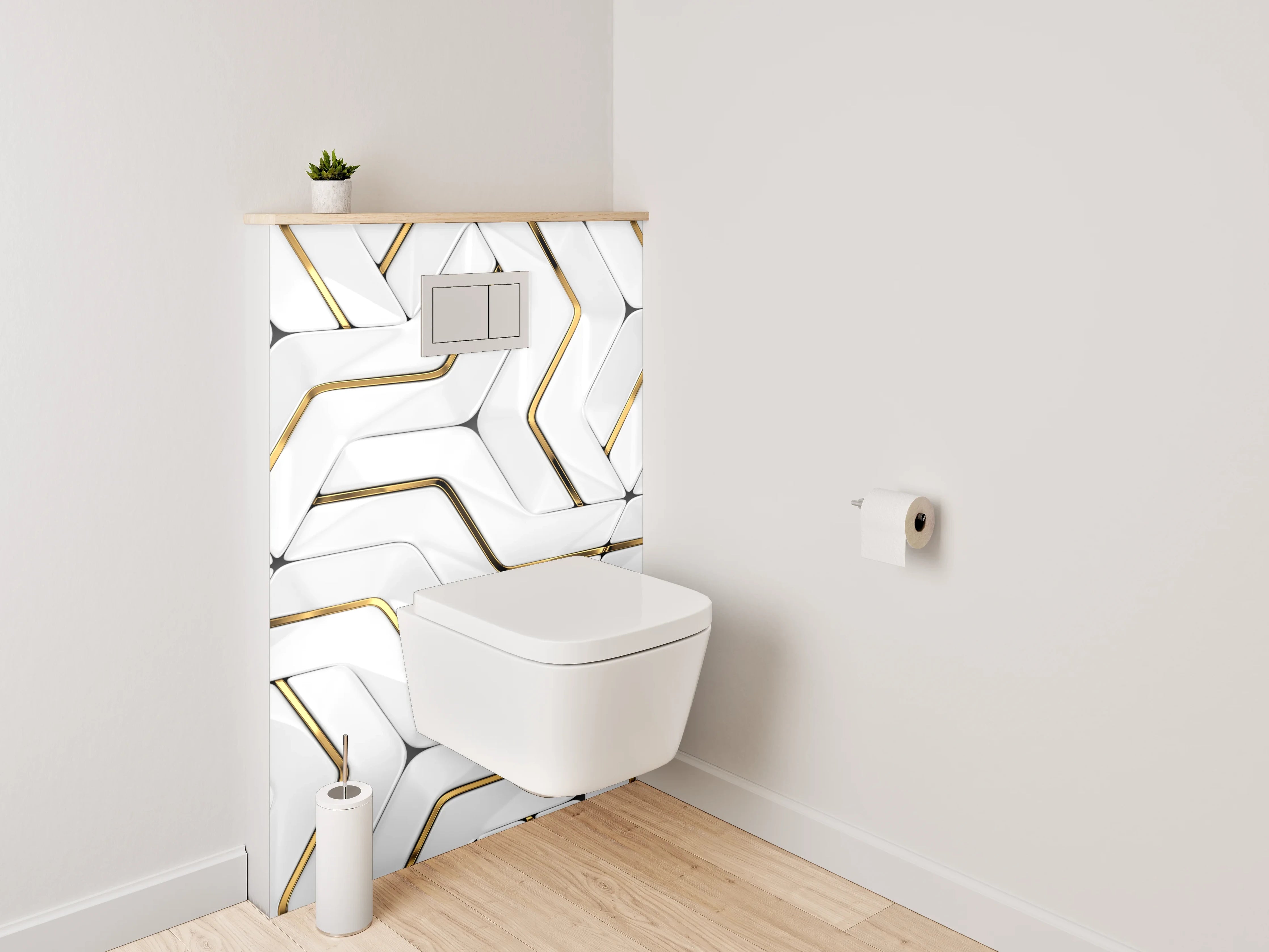 WC-Rückwand - Weiße 3D-Muster-Optik mit Goldakzent